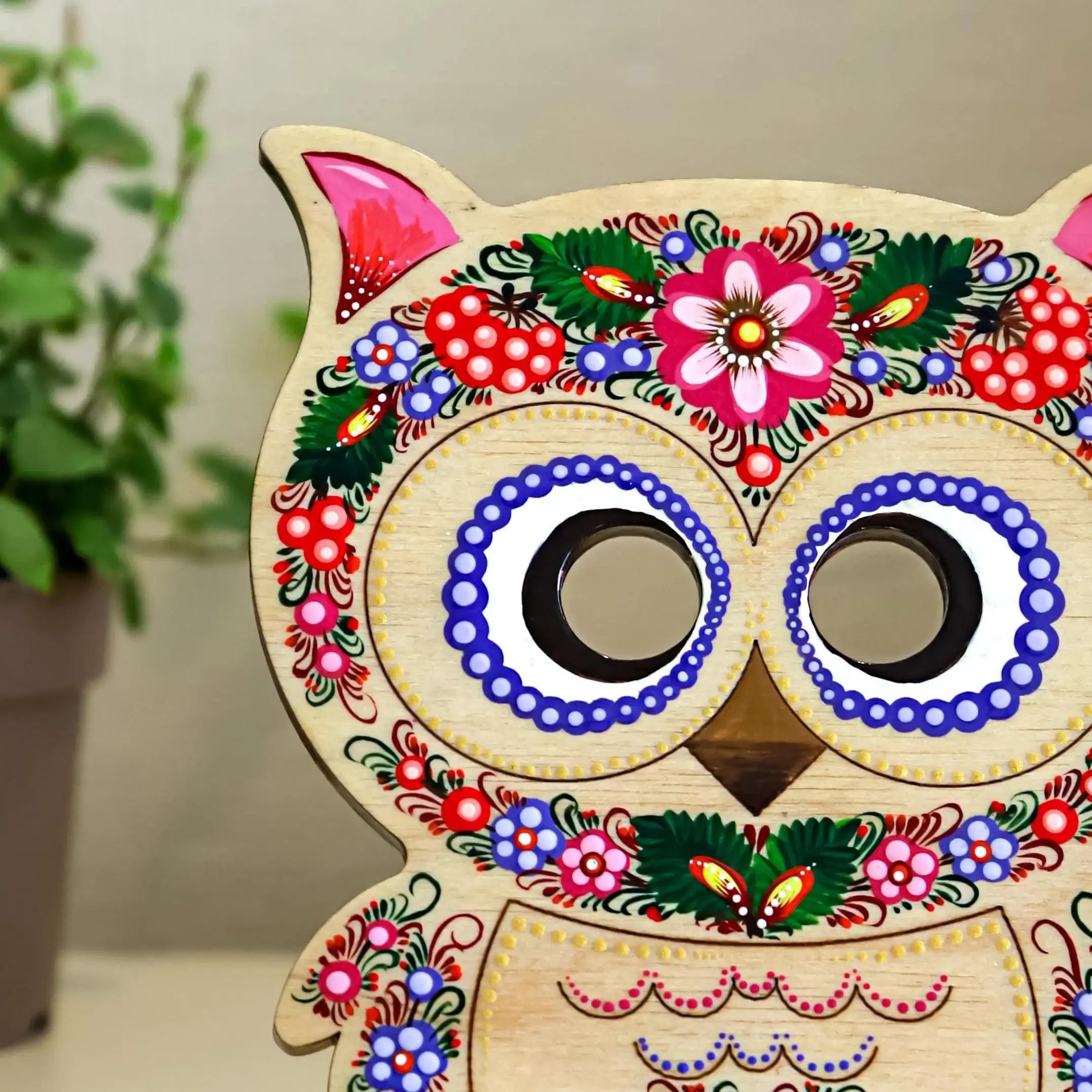 Painted Owl Phone Stand - Wooden Pink & Purple Flower Smartphone Stand, Ukrainian Petrykivka Art Desk Phone Holder, Cute Pink Owl Stand
