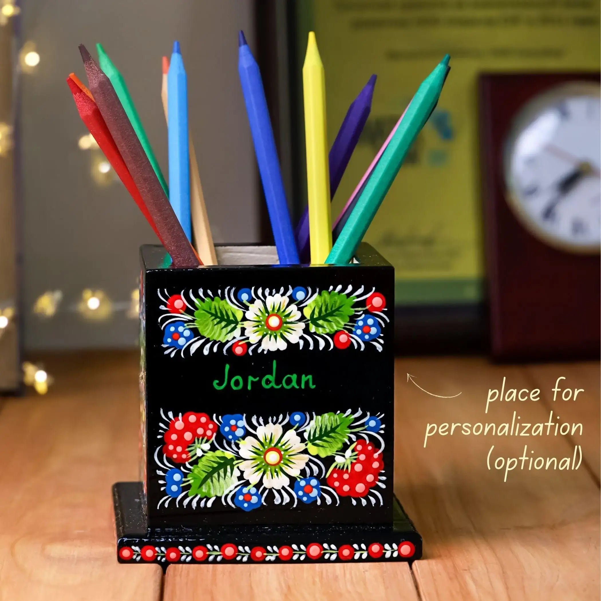 Personalized Wooden Pencil Holder - Hand-painted Petrykivka Art Pen Holder, Red Flower Ukrainian Desk Decor, Unique Back to School Gift