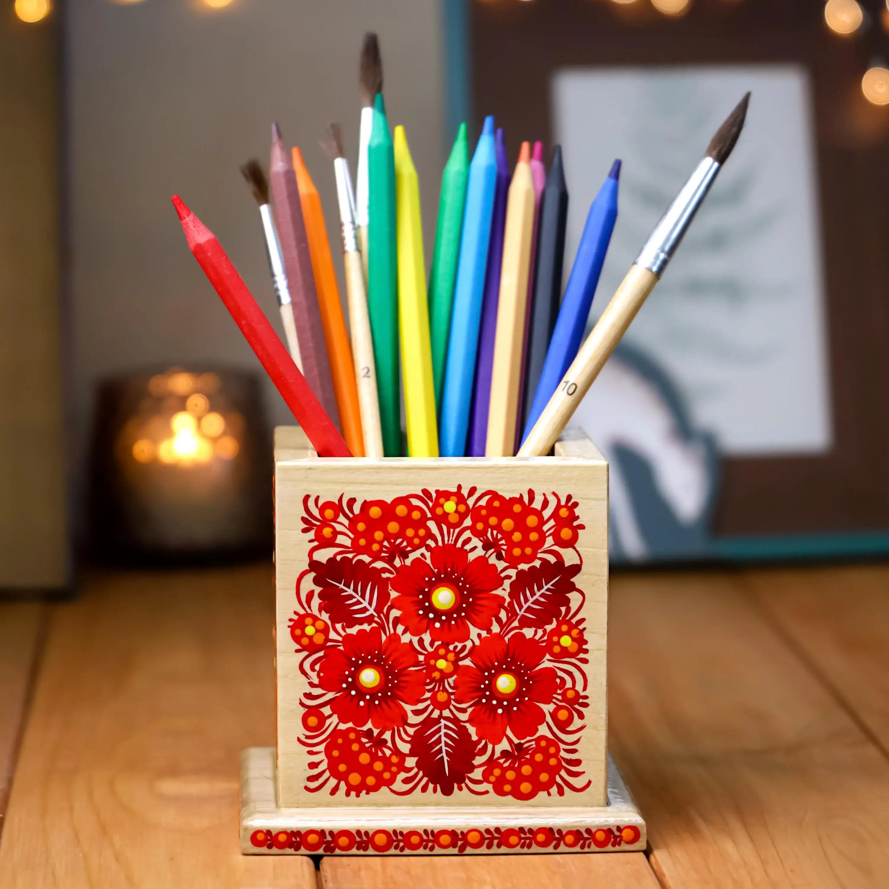Personalized Wooden Pencil Holder - Hand-painted Petrykivka Art Pen Holder, Red Flower Ukrainian Desk Decor, Unique Back to School Gift