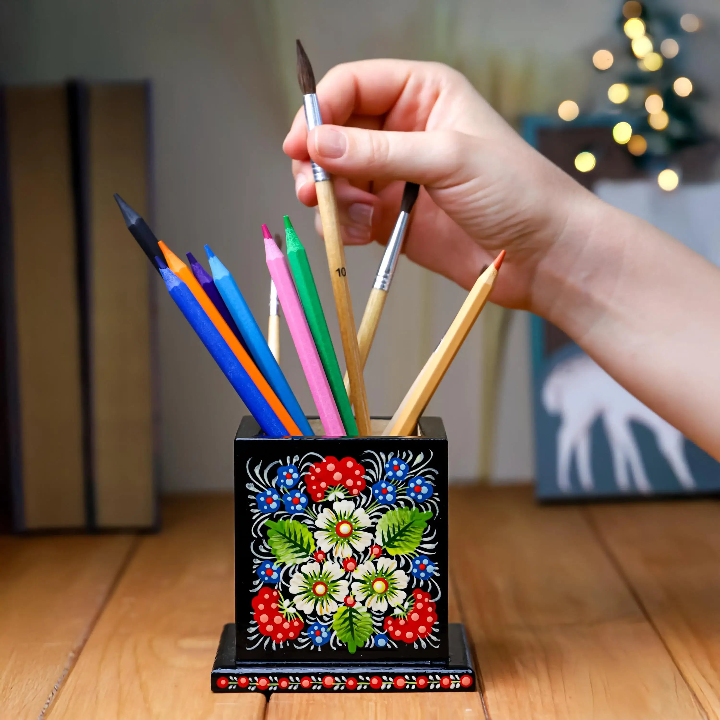 Personalized Wooden Pencil Holder - Hand-painted Petrykivka Art Pen Holder, Red Flower Ukrainian Desk Decor, Unique Back to School Gift