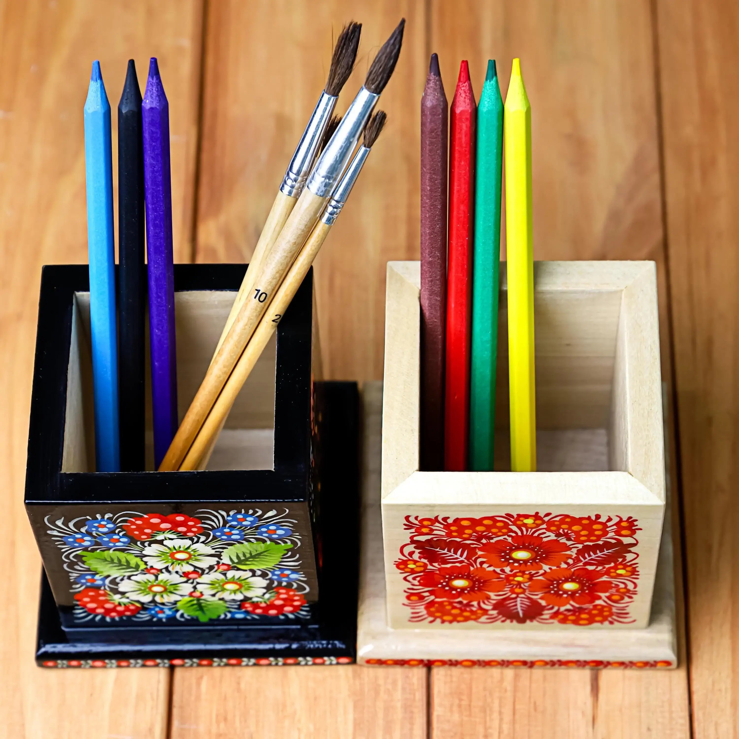 Personalized Wooden Pencil Holder - Hand-painted Petrykivka Art Pen Holder, Red Flower Ukrainian Desk Decor, Unique Back to School Gift