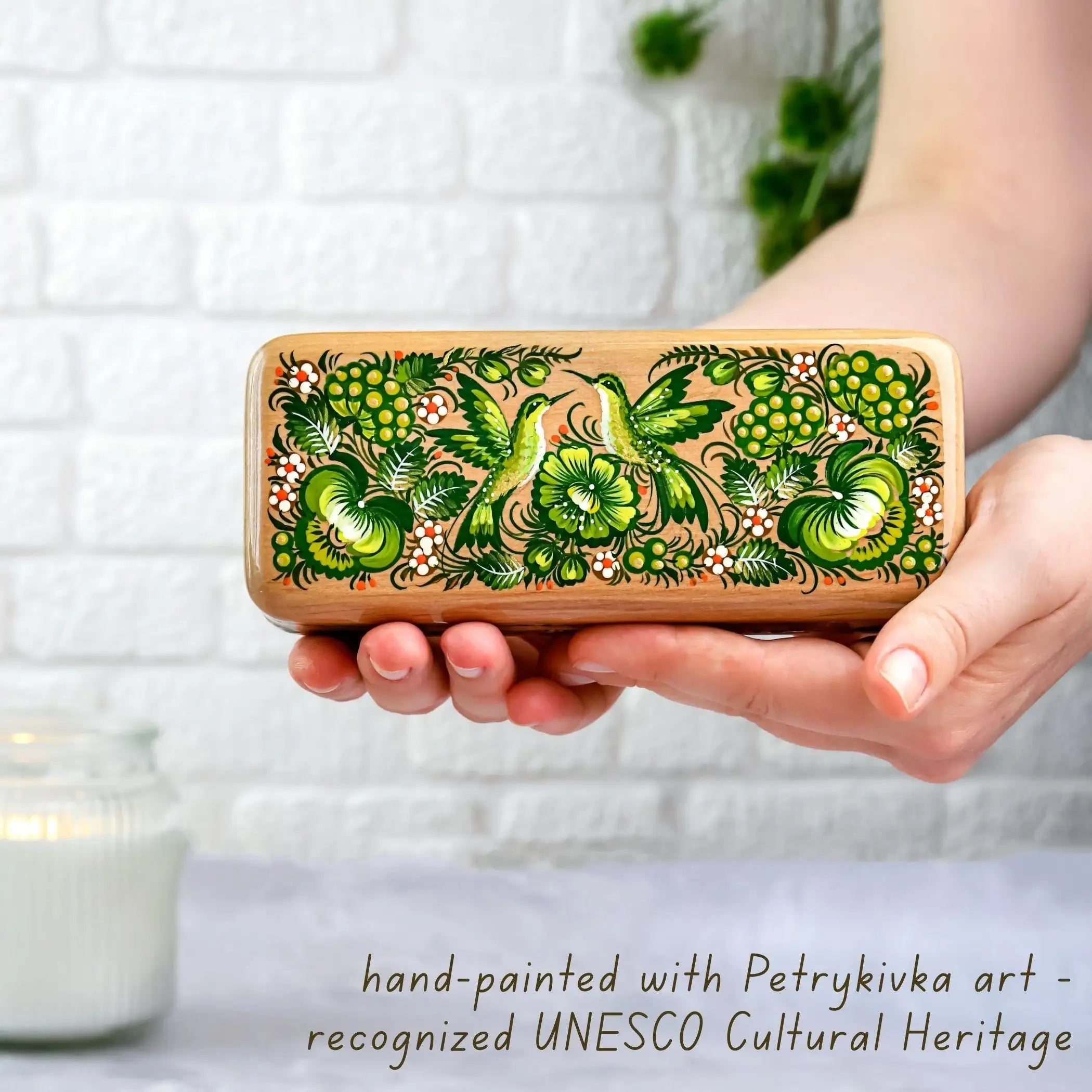 Hand-painted Wooden Glasses Case, Personalized Hummingbird Eyeglasses Case, Ukrainian Petrykivka Folk Art Glass Case, High End Handmade Gift