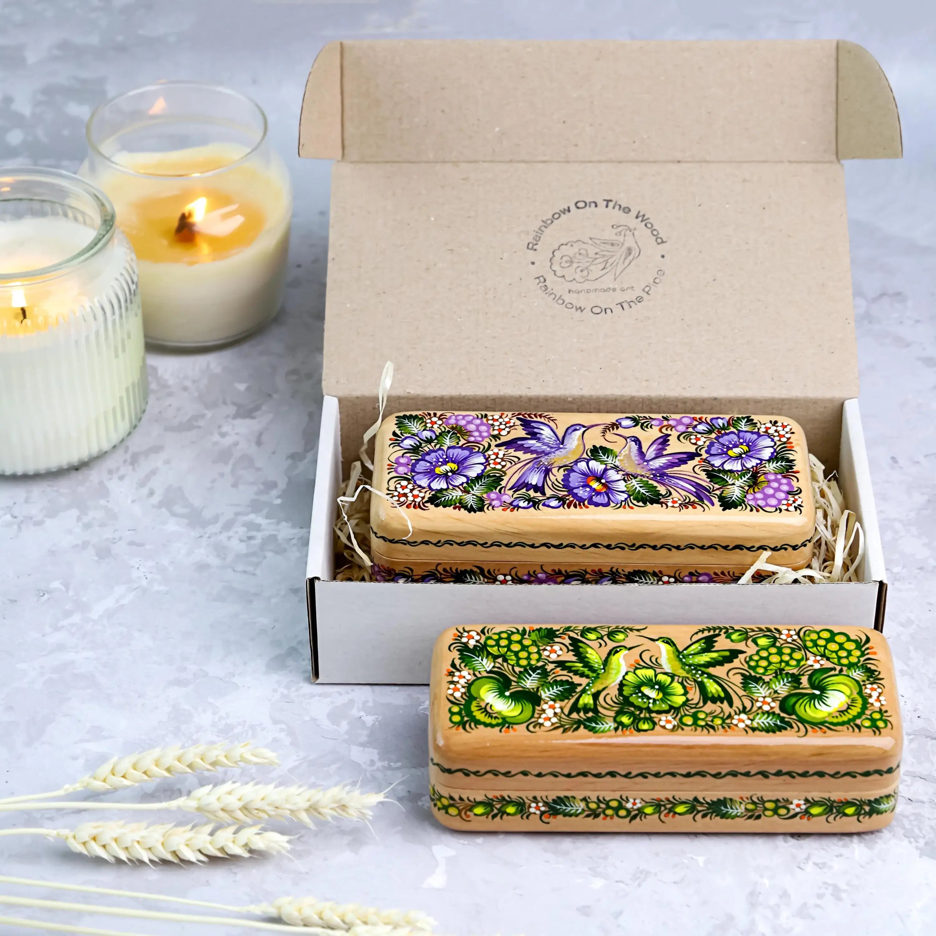 Hand-painted Wooden Glasses Case, Personalized Hummingbird Eyeglasses Case, Ukrainian Petrykivka Folk Art Glass Case, High End Handmade Gift