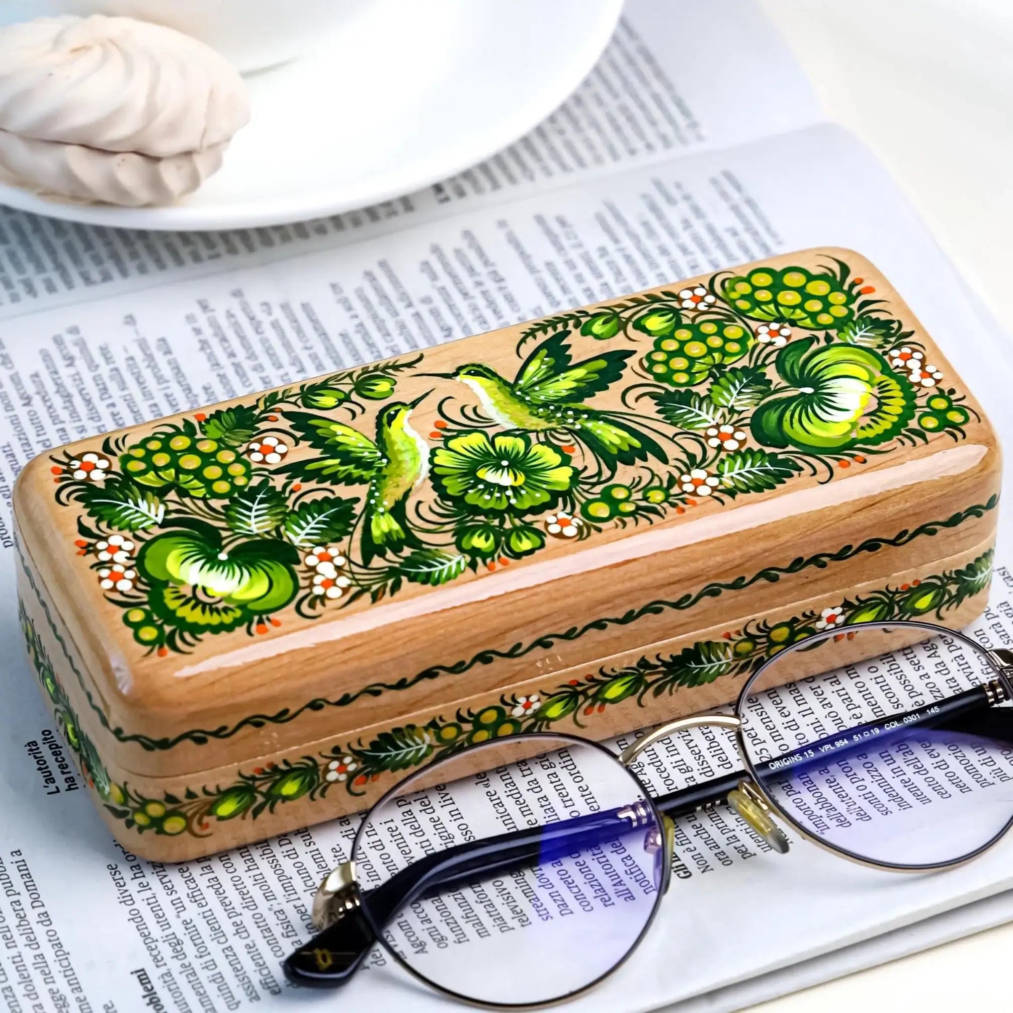 Hand-painted Wooden Glasses Case, Personalized Hummingbird Eyeglasses Case, Ukrainian Petrykivka Folk Art Glass Case, High End Handmade Gift