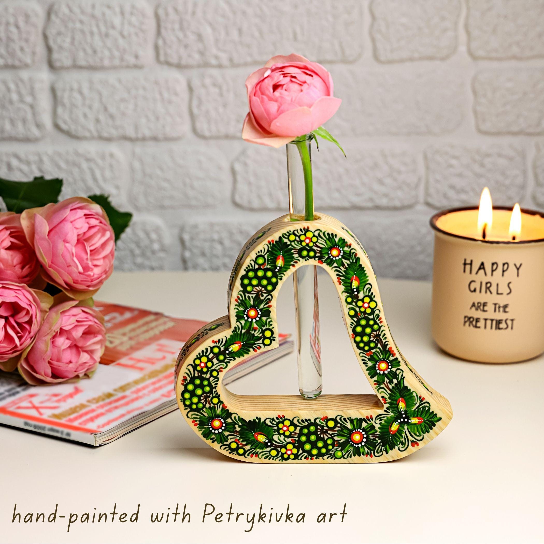 Painted Wooden Heart Propagation Station - Ukrainian Petrykivka Folk Art Bud Vase - Handmade Rooting Tube Planter, Plant Lover Gift