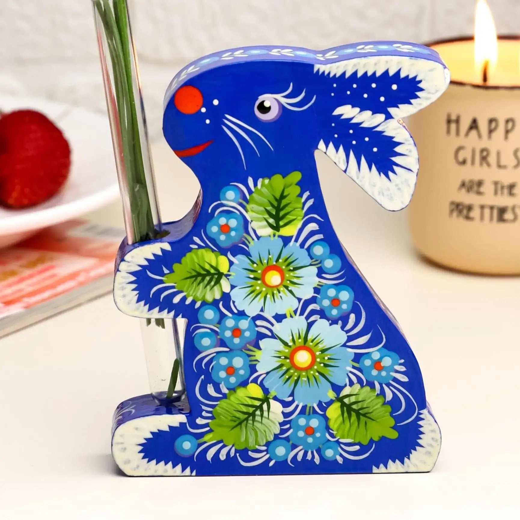 Painted Propagation Station - Wooden Bunny Ukrainian Petrykivka Bud Vase - Handmade Rooting Tube Planter - Pink Flower Plant Lover Gift