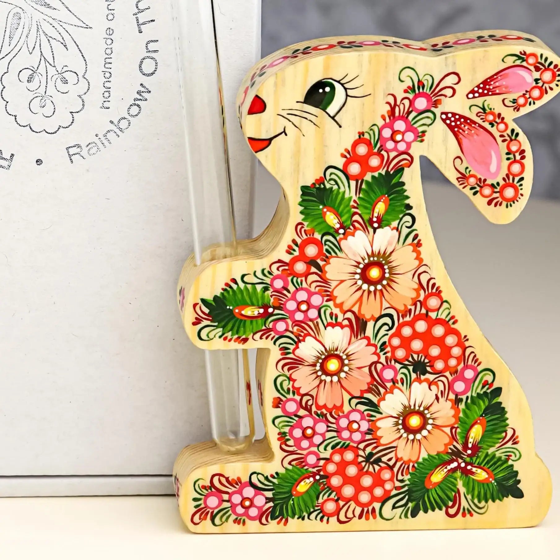 Painted Propagation Station - Wooden Bunny Ukrainian Petrykivka Bud Vase - Handmade Rooting Tube Planter - Pink Flower Plant Lover Gift