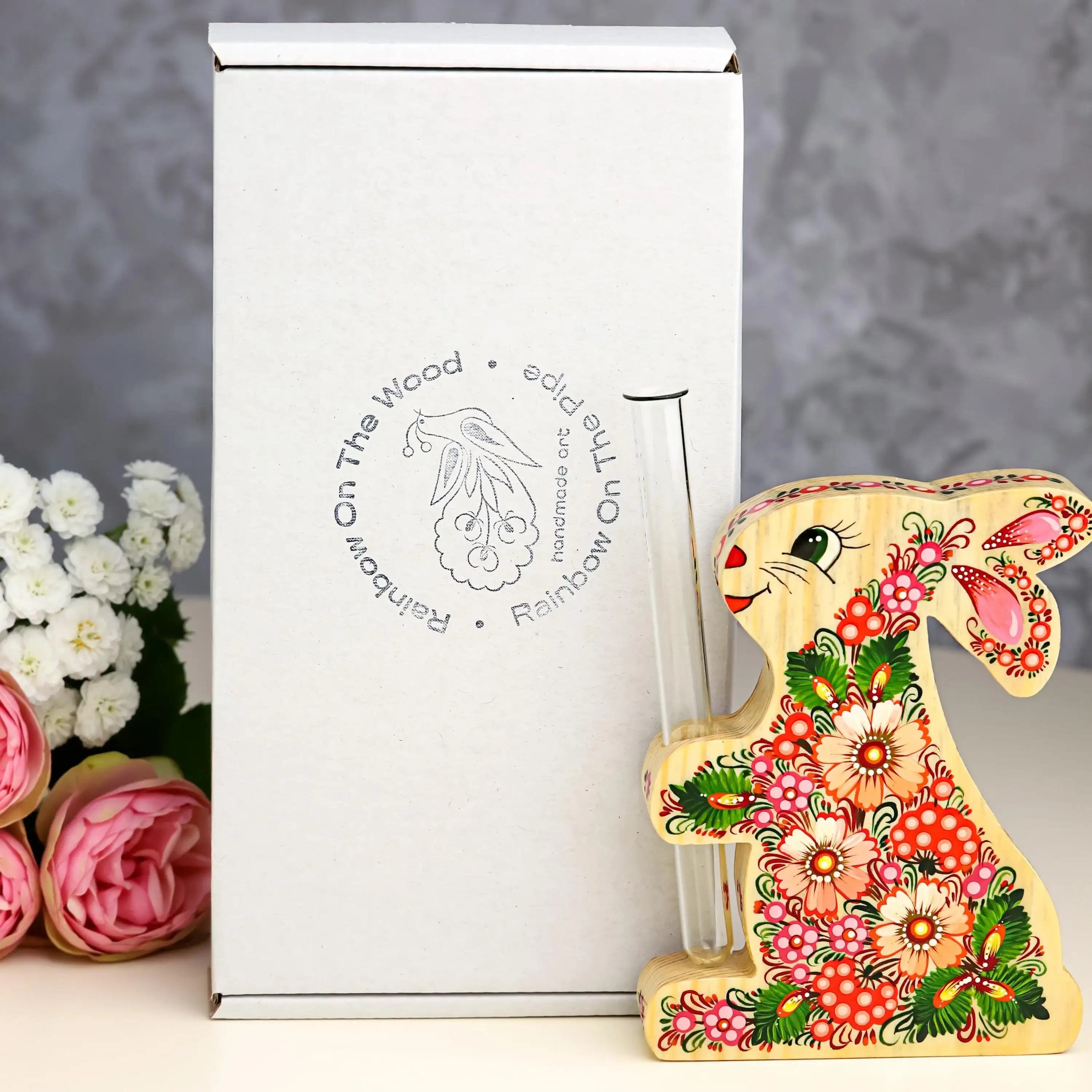 Painted Wooden Bunny Propagation Station - Ukrainian Petrykivka Bud Vase - Handmade Rooting Tube Planter - Plant Lover Gift