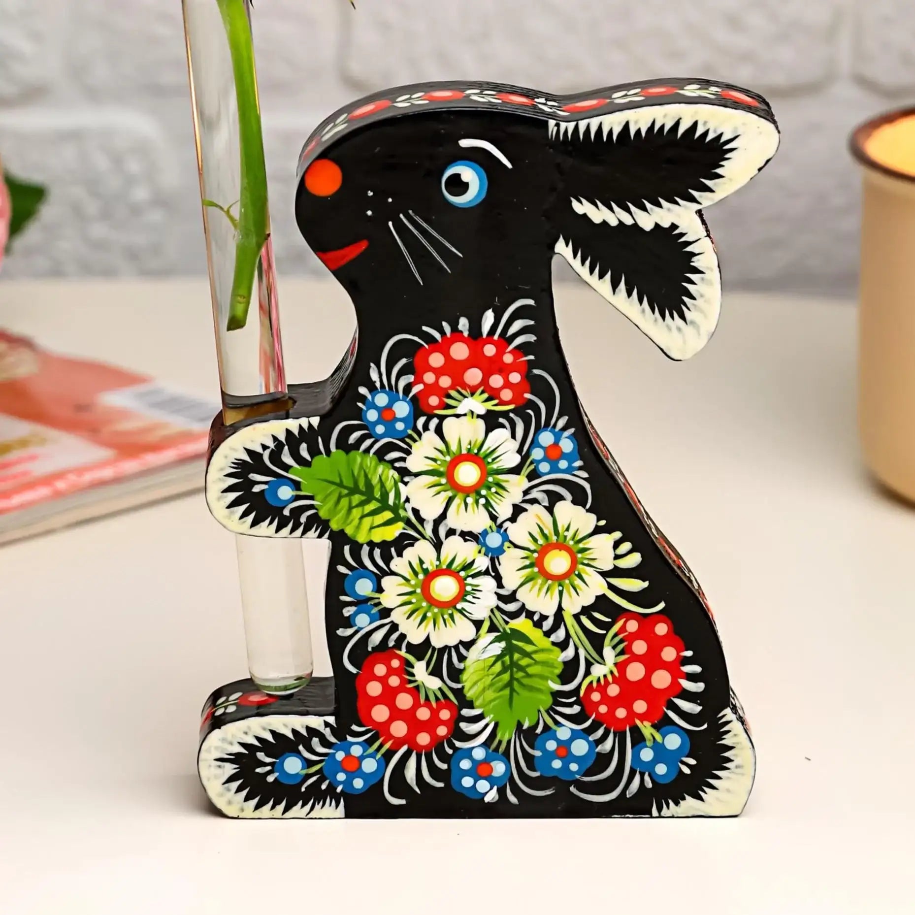 Painted Wooden Bunny Propagation Station - Ukrainian Petrykivka Bud Vase - Handmade Rooting Tube Planter - Plant Lover Gift