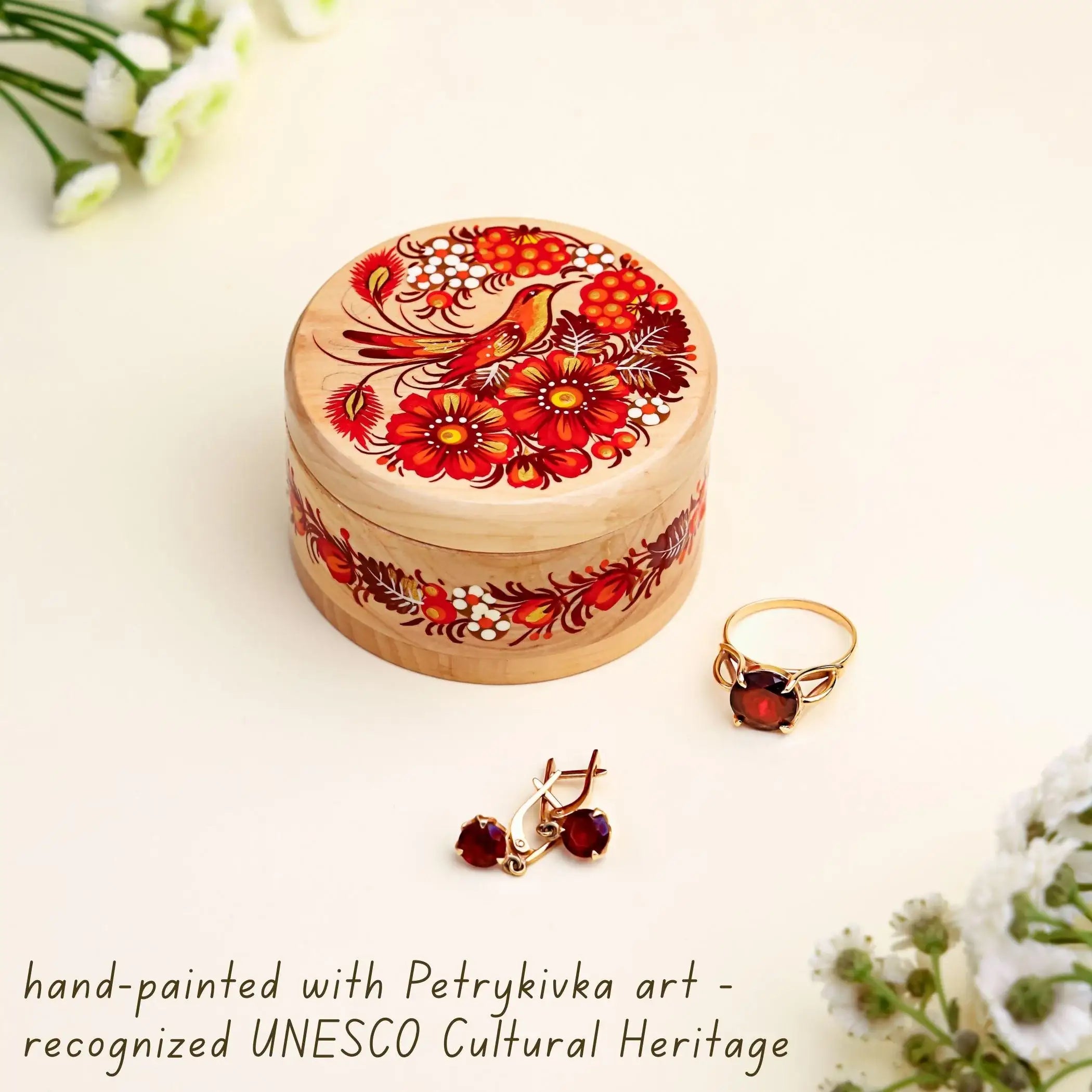 Hand-painted Wooden Hummingbird Jewelry Box with Lid - Ukrainian Petrykivka Art Small Wooden Box - Handmade Red Bird and Flower Box