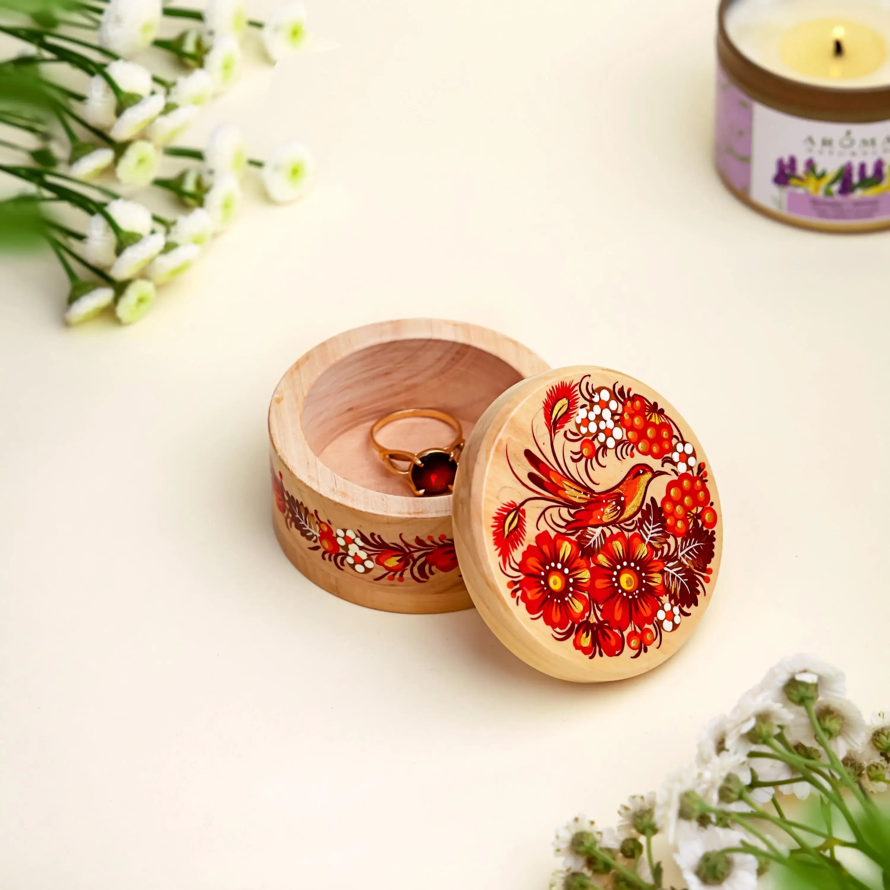 Hand-painted Wooden Hummingbird Jewelry Box with Lid - Ukrainian Petrykivka Art Small Wooden Box - Handmade Red Bird and Flower Box