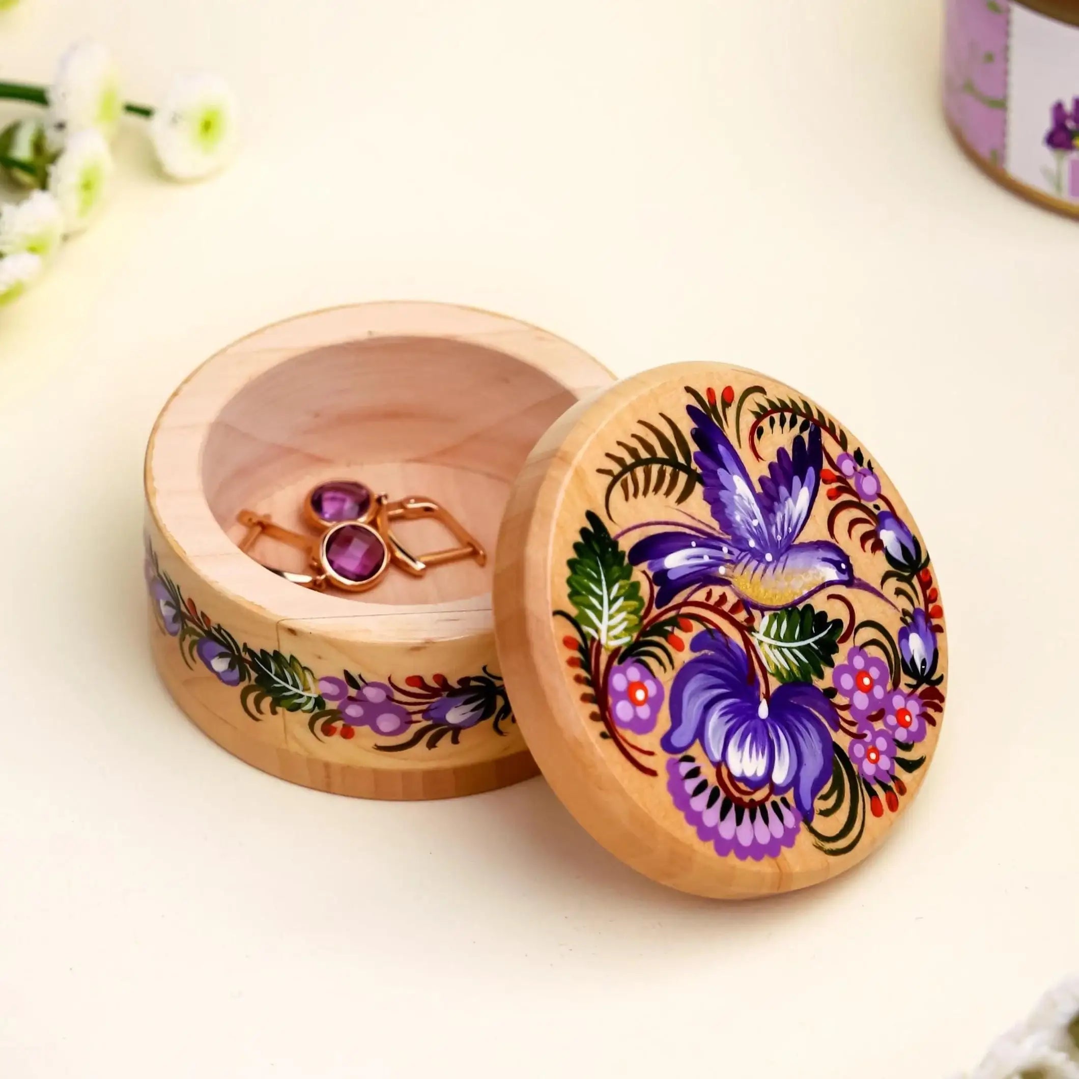Hand-painted Wooden Hummingbird Jewelry Box with Lid - Ukrainian Petrykivka Art Small Wooden Box - Handmade Red Bird and Flower Box