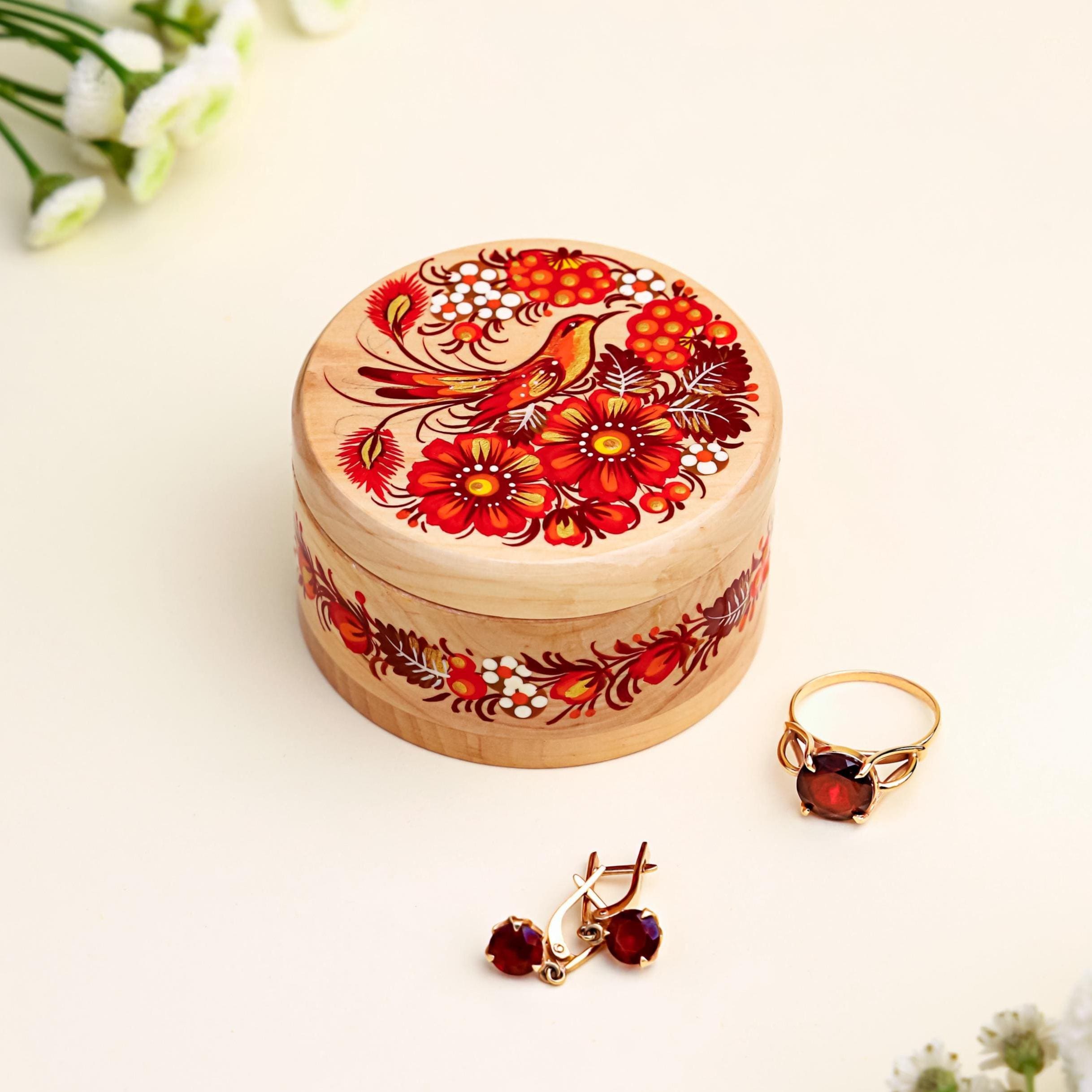 Hand-painted Wooden Hummingbird Jewelry Box with Lid - Ukrainian Petrykivka Art Small Wooden Box - Handmade Red Bird and Flower Box