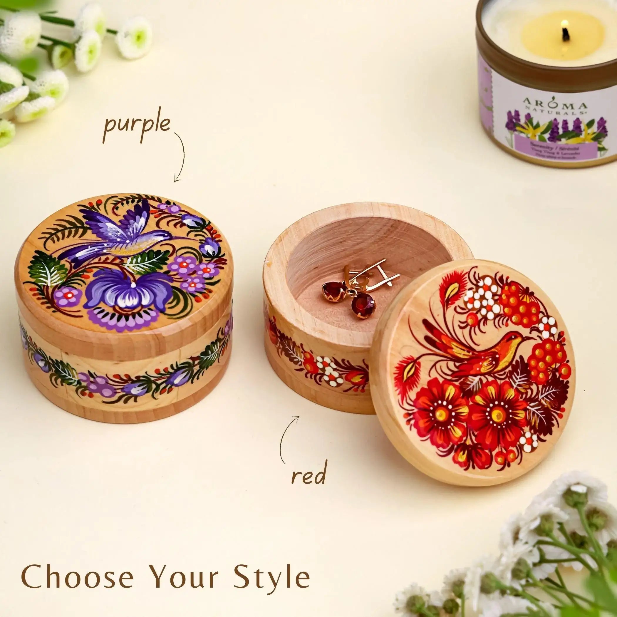 Painted Wooden Hummingbird Jewelry Box - Ukrainian Petrykivka Art Small Wooden Box with Lid - Handmade Purple Bird and Flower Box