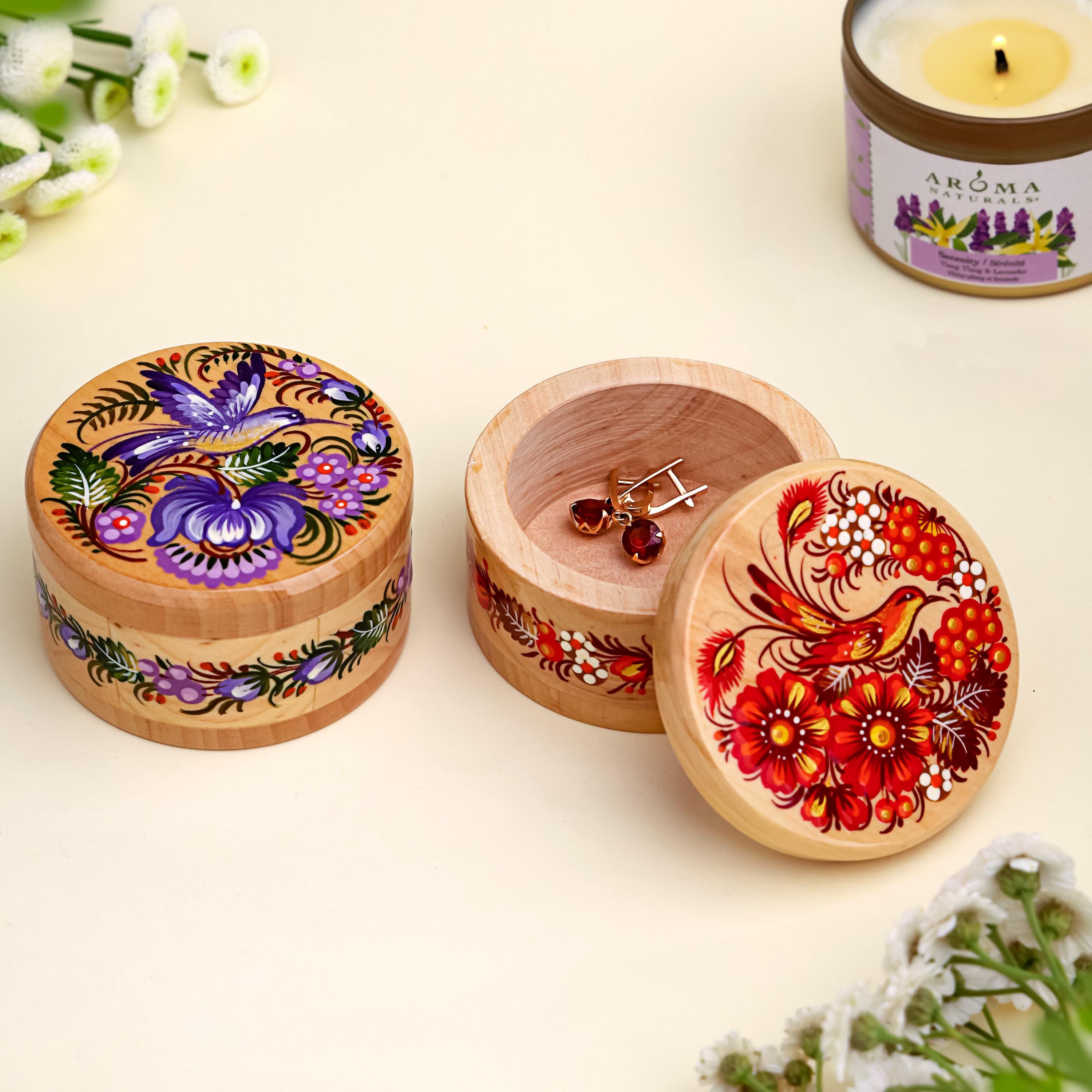 Painted Wooden Hummingbird Jewelry Box - Ukrainian Petrykivka Art Small Wooden Box with Lid - Handmade Purple Bird and Flower Box