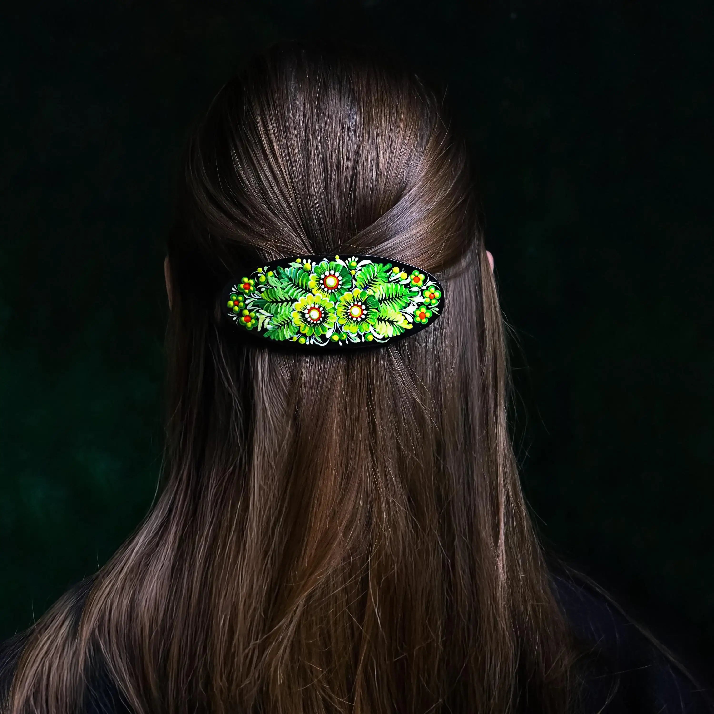 Hypoallergenic Painted Wooden Earrings - Green Flower Petrykivka Art Dangle Earrings - Handmade Ukrainian Statement Jewelry Stainless Steel