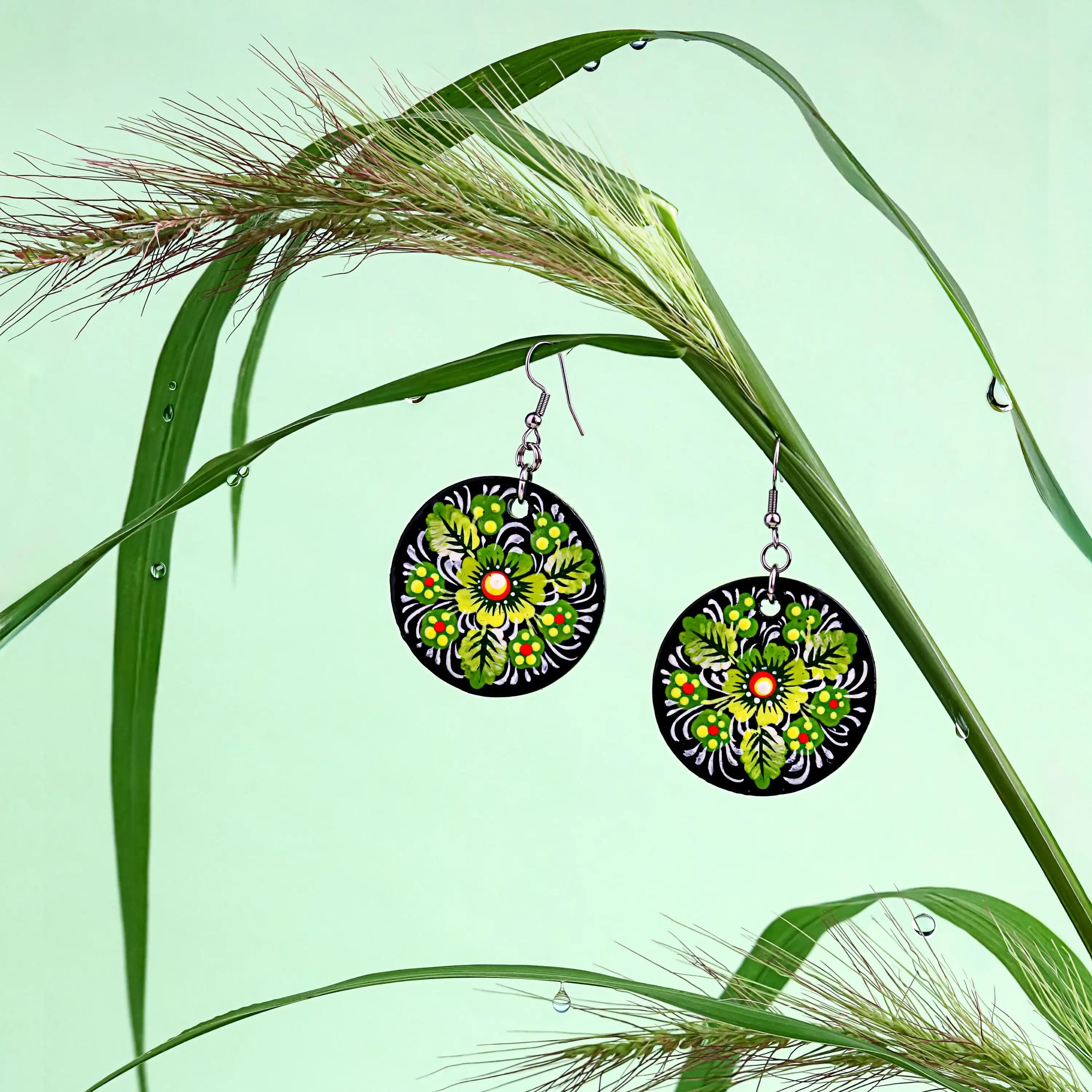 Hypoallergenic Painted Wooden Earrings - Green Flower Petrykivka Art Dangle Earrings - Handmade Ukrainian Statement Jewelry Stainless Steel