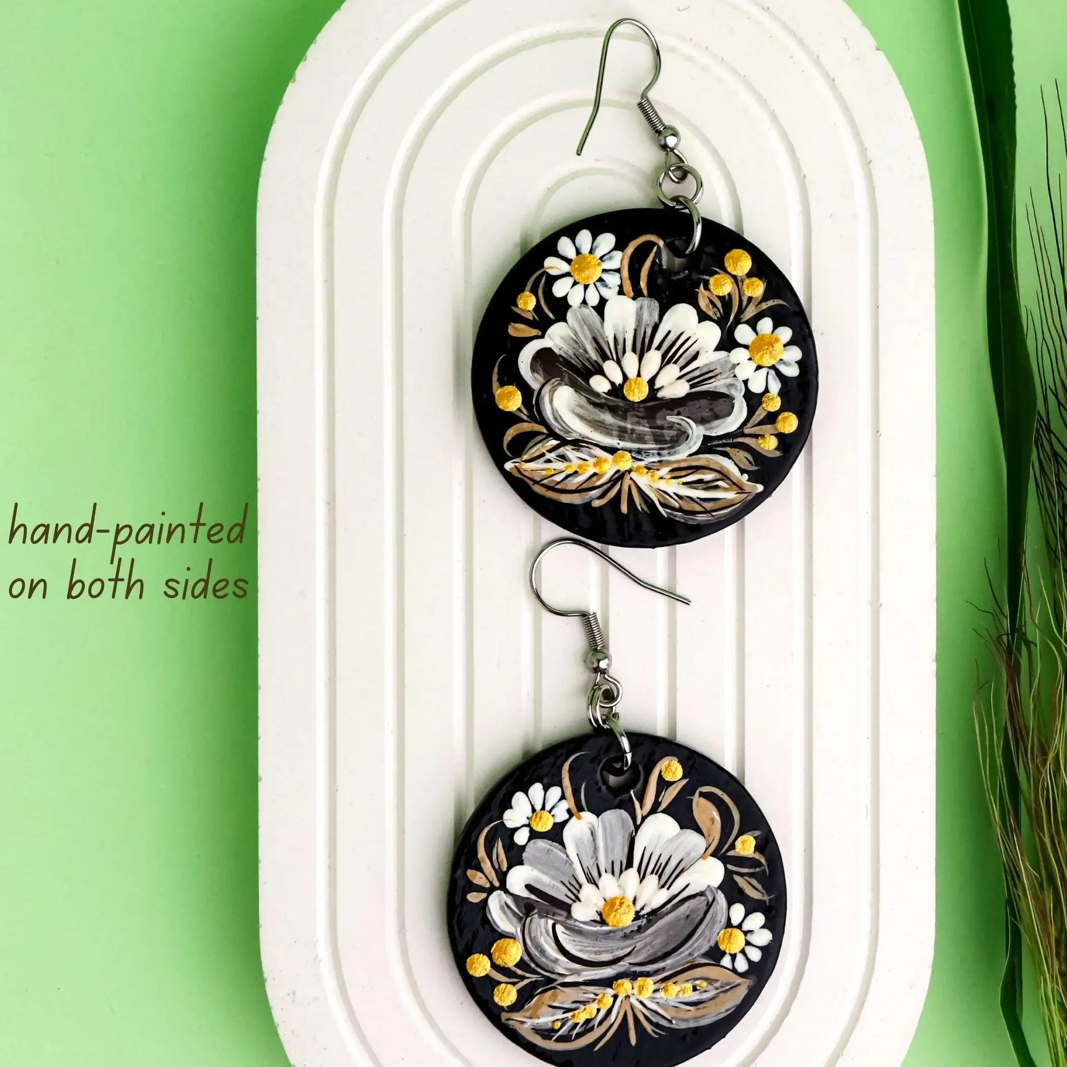 Hypoallergenic Painted Wooden Earrings - Gray Gold Black Petrykivka Flower Earrings - Handmade Ukrainian Dangle Earrings on Stainless Steel