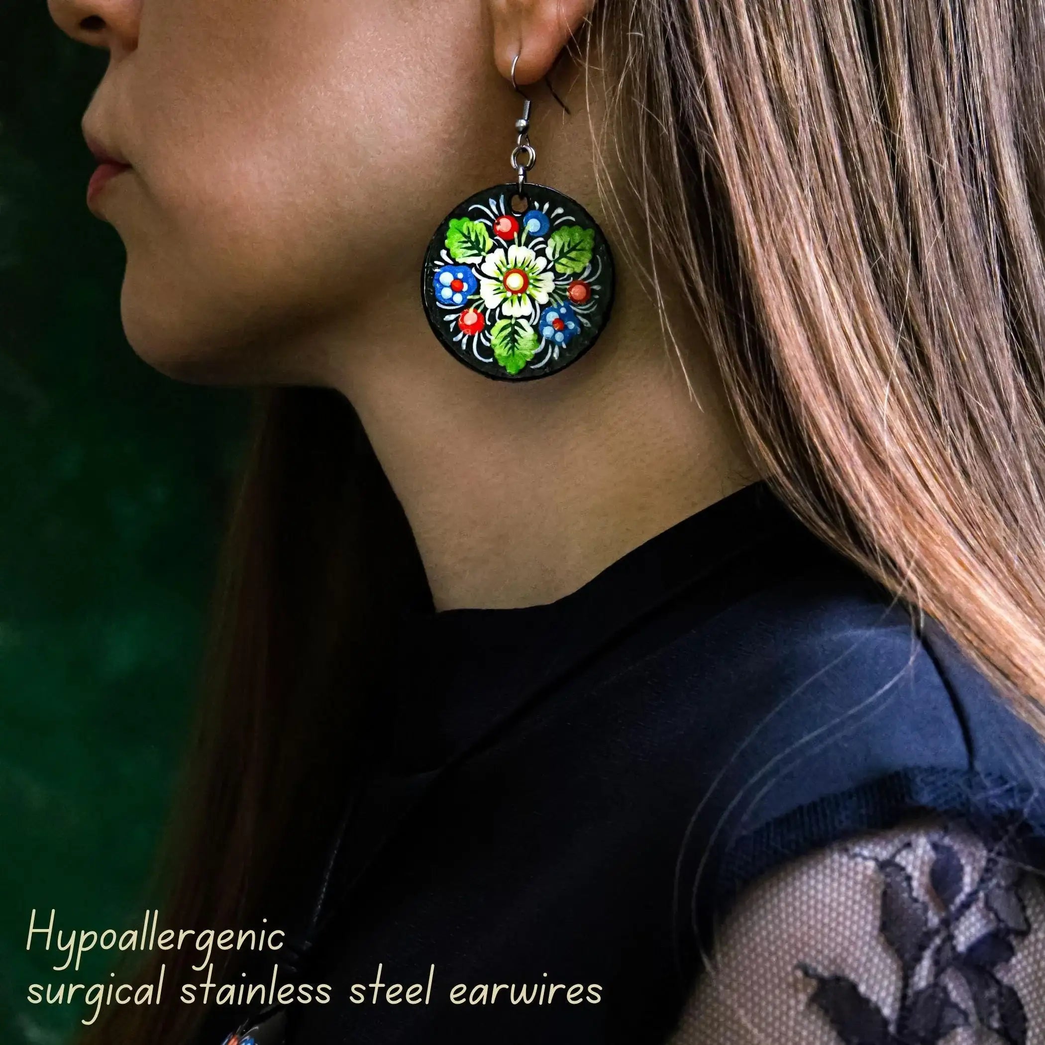 Painted Wooden Dangle Earrings - Hypoallergenic Daisy Earrings with Blue & Green Flowers, Ukrainian Petrykivka Art Jewelry, Stainless Steel