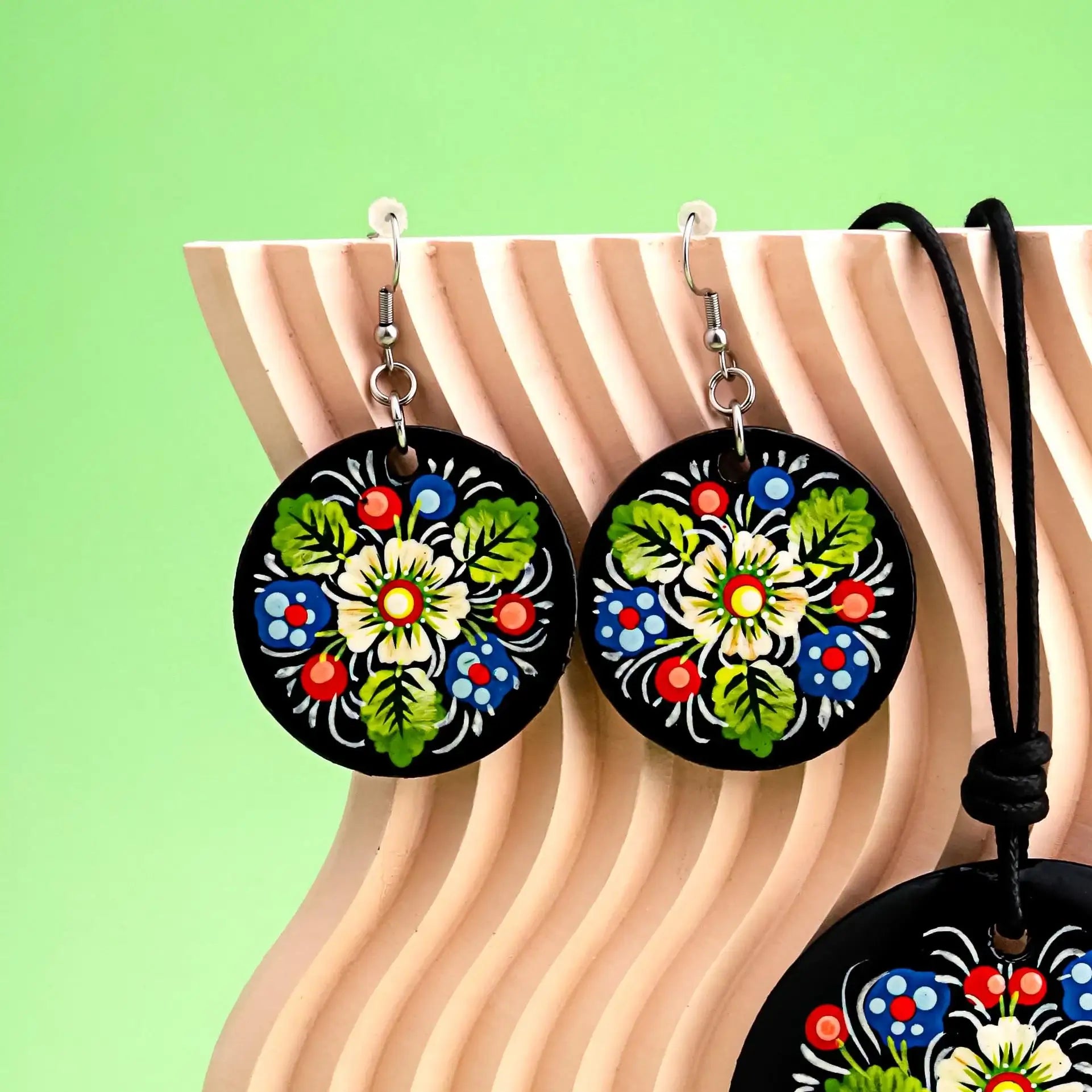 Painted Wooden Dangle Earrings - Hypoallergenic Daisy Earrings with Blue & Green Flowers, Ukrainian Petrykivka Art Jewelry, Stainless Steel