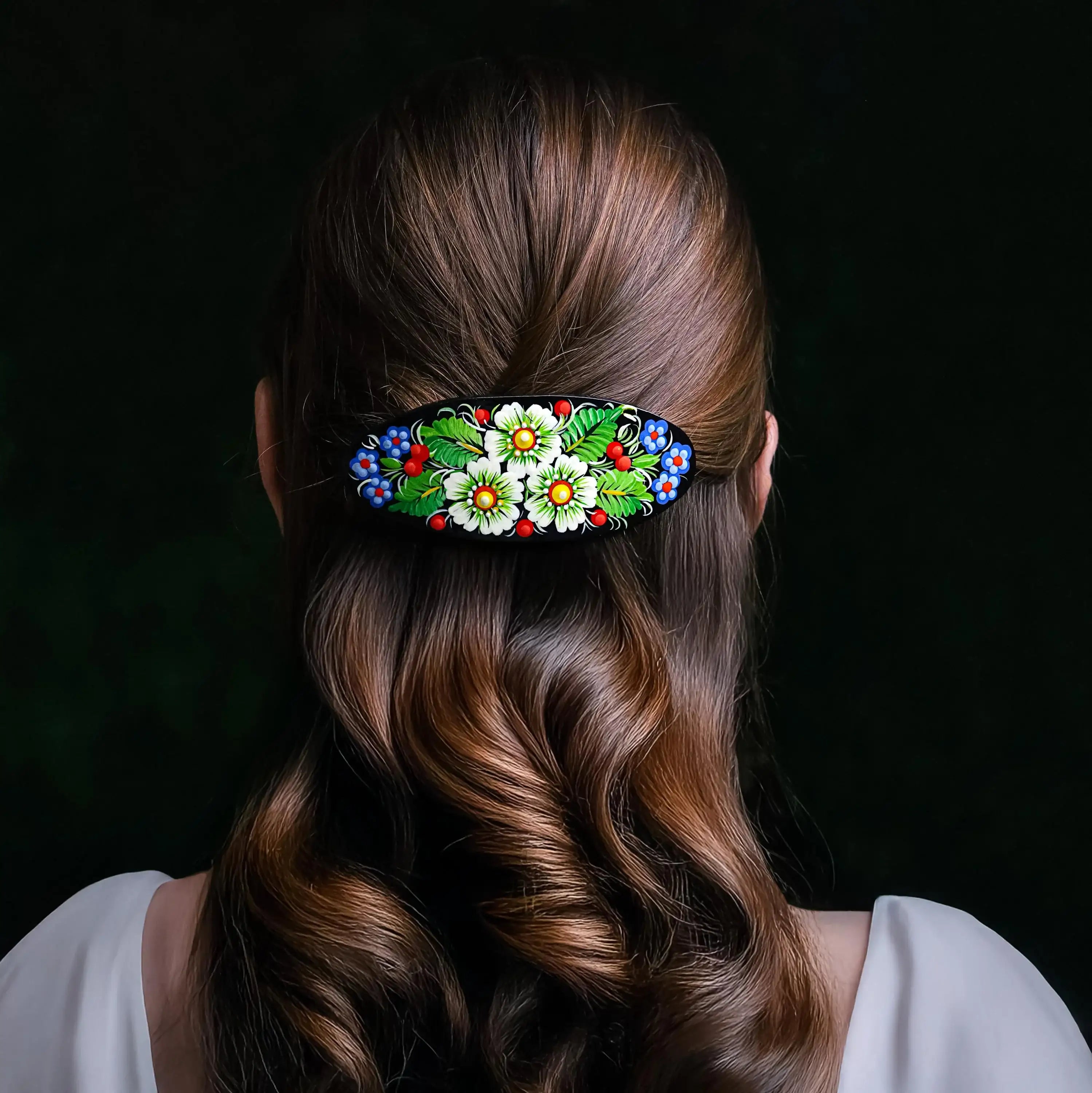 Painted Wooden Dangle Earrings - Hypoallergenic Daisy Earrings with Blue & Green Flowers, Ukrainian Petrykivka Art Jewelry, Stainless Steel