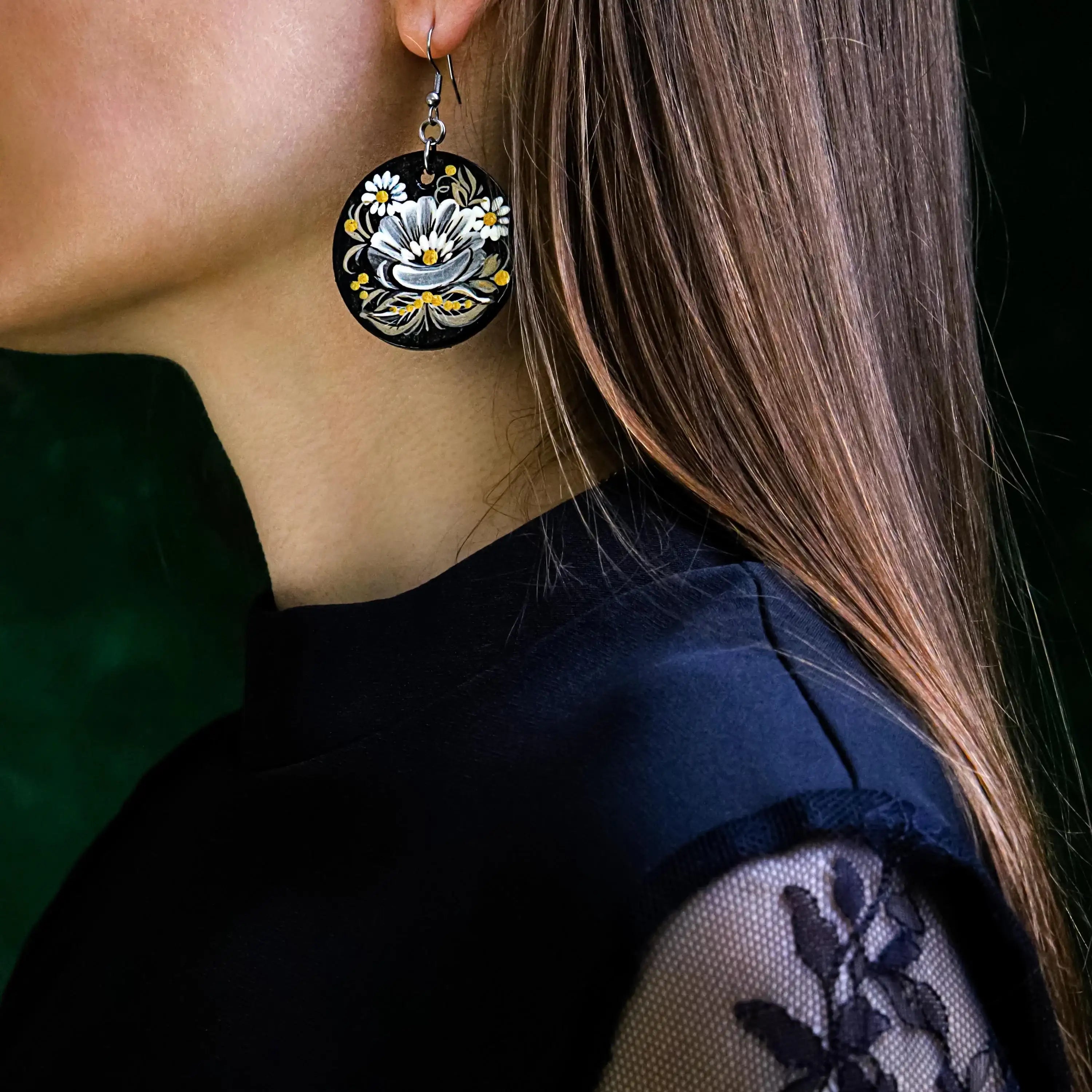 Painted Wooden Hair Barrette - Large Oval Gray Gold Black Floral Hair Clip – Ukrainian Petrykivka Art Hair Accessory