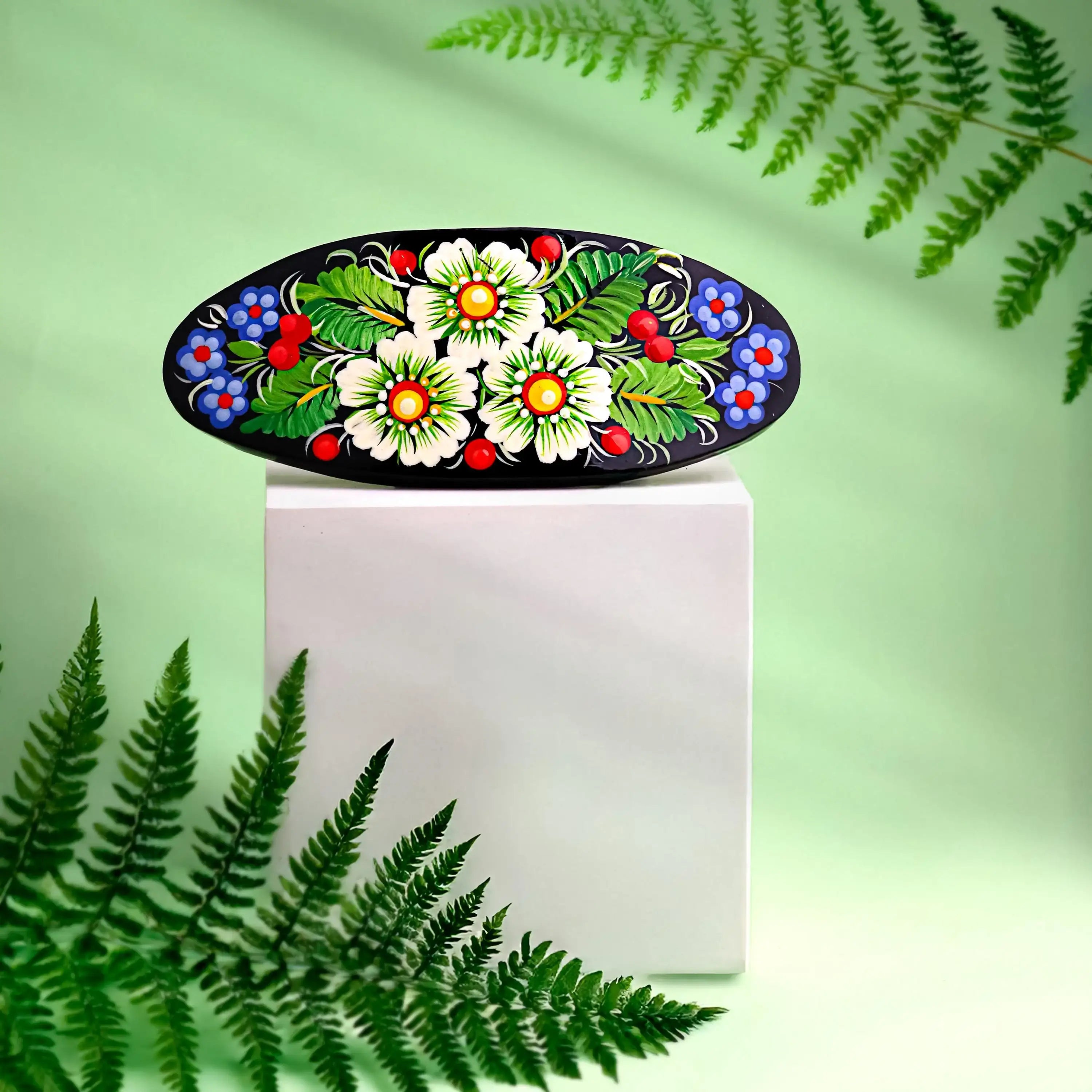 Painted Wooden Hair Barrette - Handmade Ukrainian Petrykivka Daisy Barrette for Women - Large Oval Flower Hair Clip