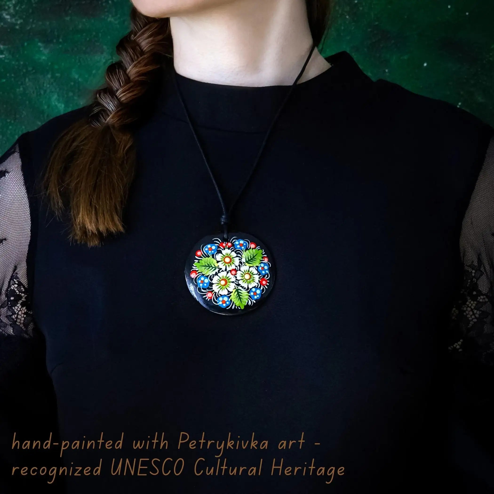 Personalized Painted Wooden Pendant Necklace - Petrykivka Daisy Necklace, Large Round Ukrainian Statement Necklace, Folk Medallion for Women