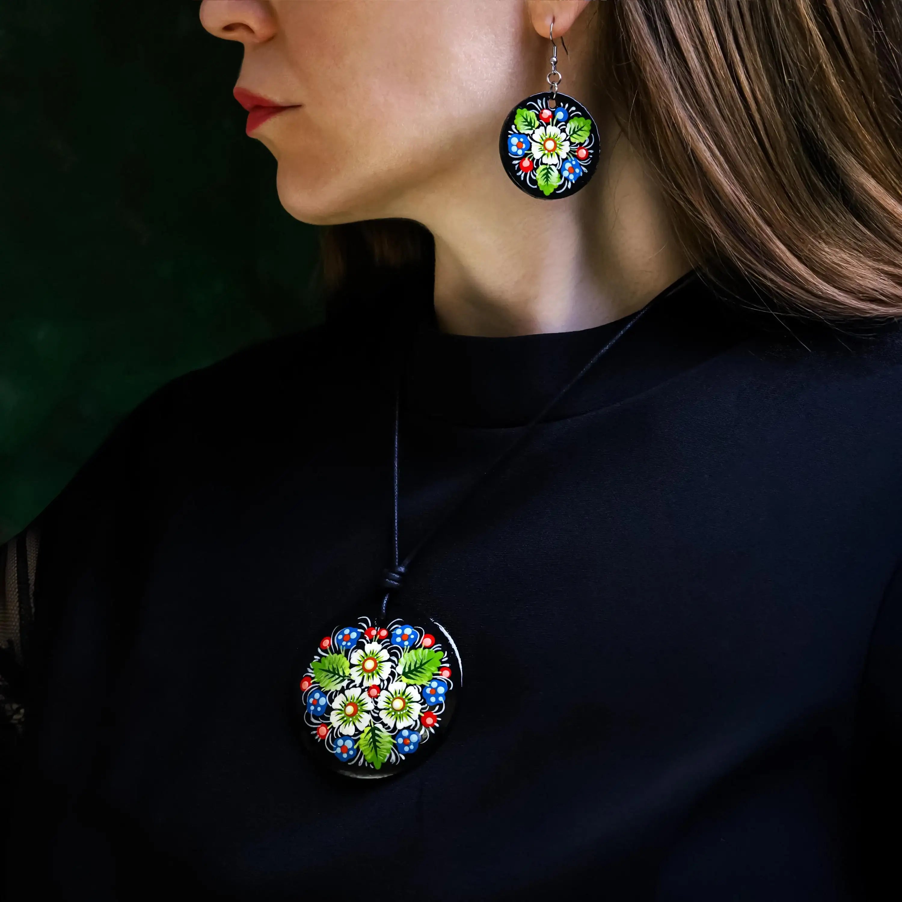 Personalized Painted Wooden Pendant Necklace - Petrykivka Daisy Necklace, Large Round Ukrainian Statement Necklace, Folk Medallion for Women