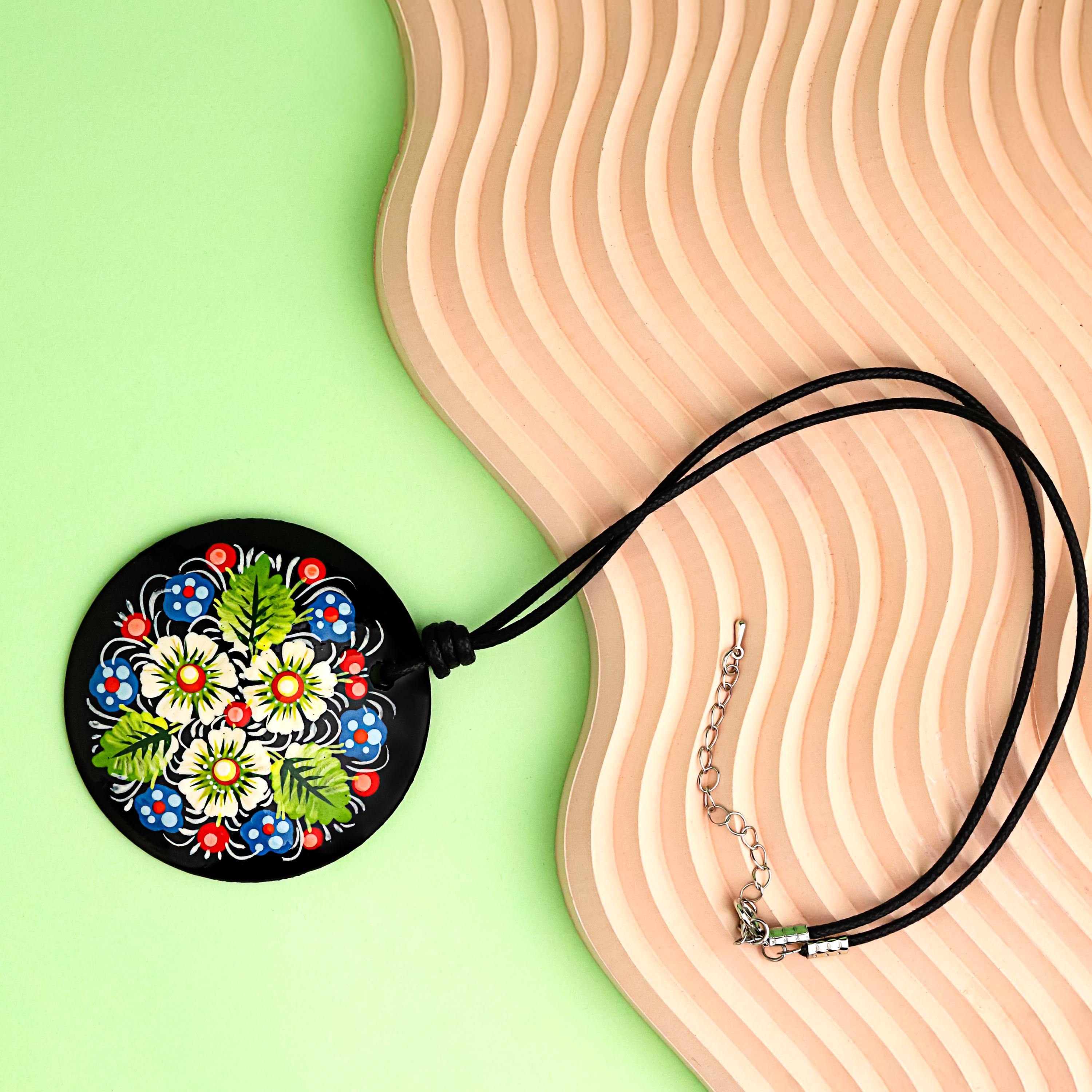Personalized Painted Wooden Pendant Necklace - Petrykivka Daisy Necklace, Large Round Ukrainian Statement Necklace, Folk Medallion for Women