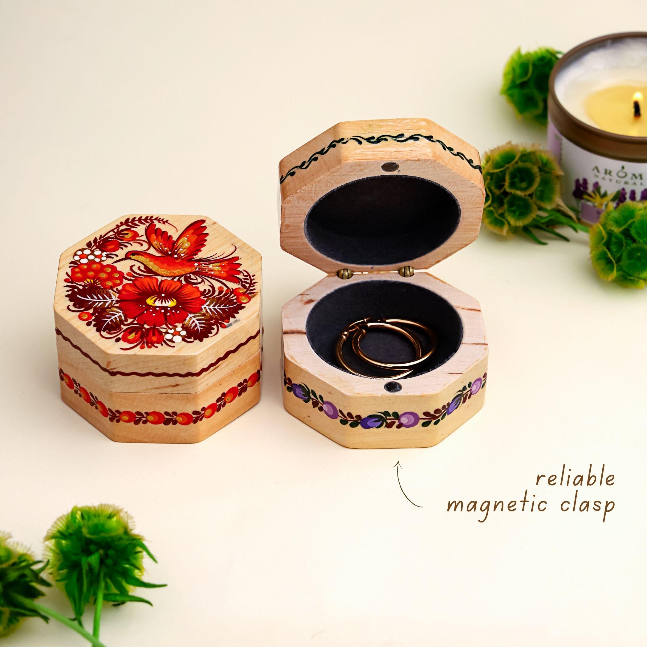 Hand-painted Wooden Hummingbird Box - Red Bird & Flower Octagon Jewelry Box, Ukrainian Petrykivka Art Box with Flocked Interior