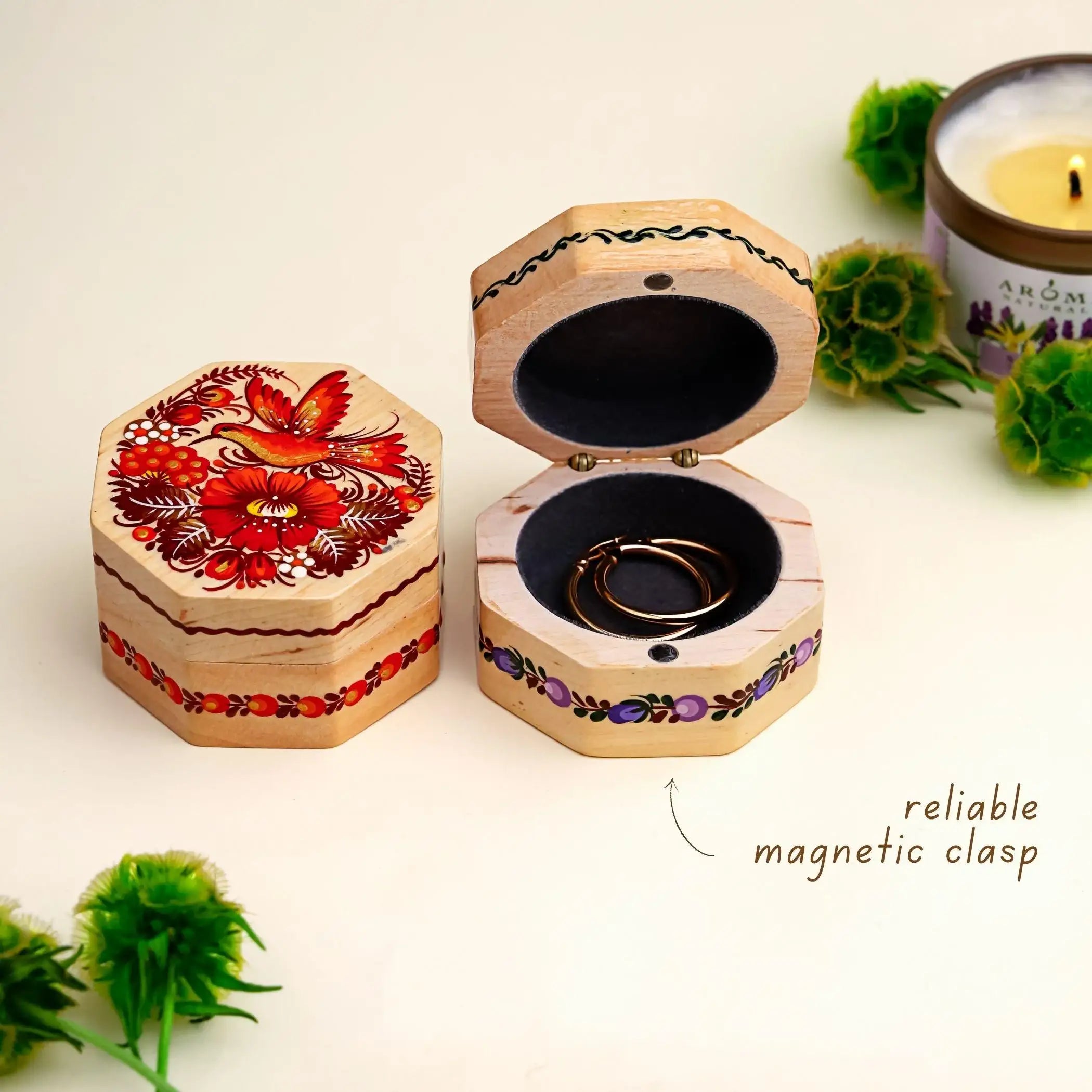 Hand-painted Wooden Hummingbird Box - Red Bird & Flower Octagon Jewelry Box, Ukrainian Petrykivka Art Box with Flocked Interior