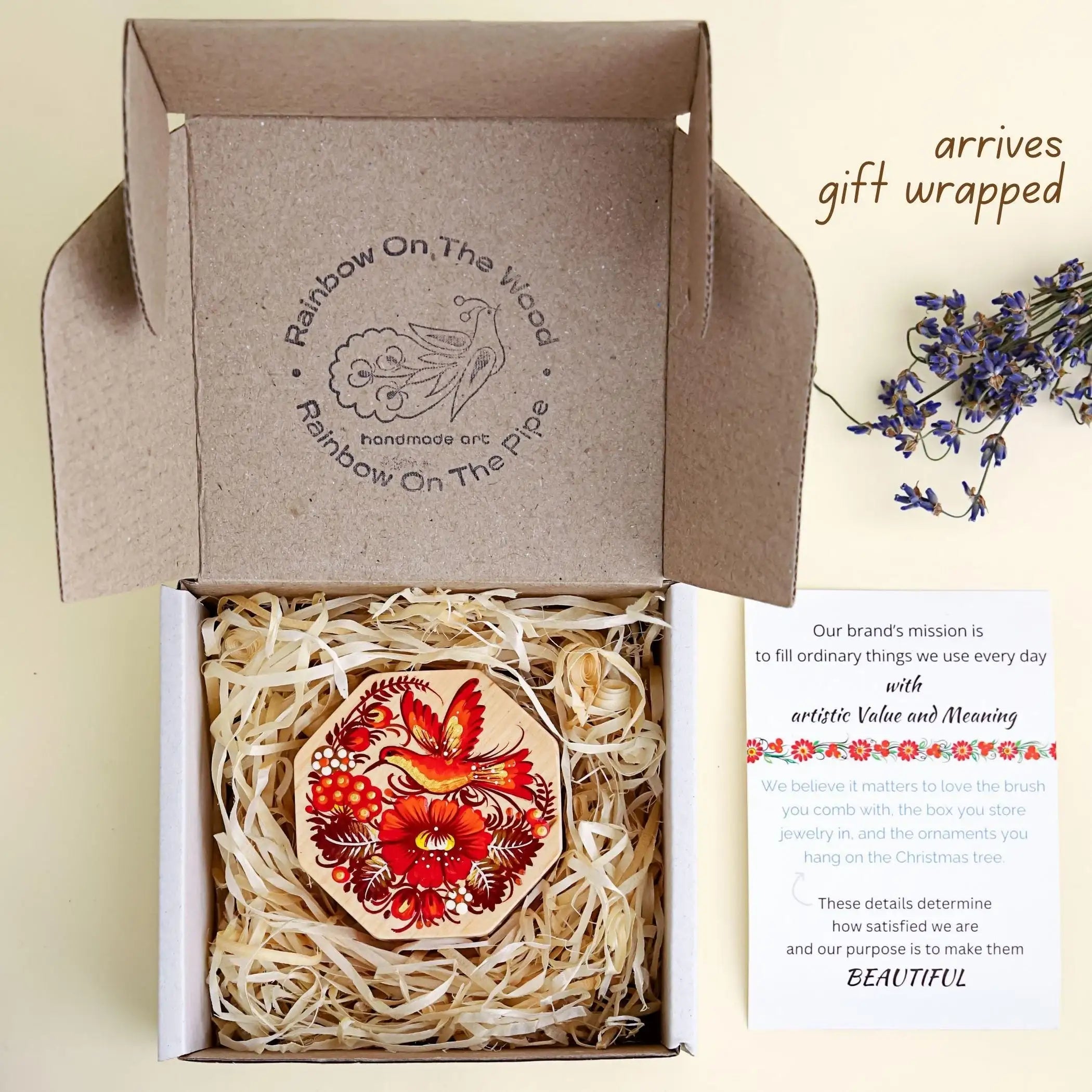 Painted Wooden Hummingbird Box - Handmade Ukrainian Petrykivka Box, Red Flower Octagon Jewelry Box, Small Flocked Interior Keepsake Box