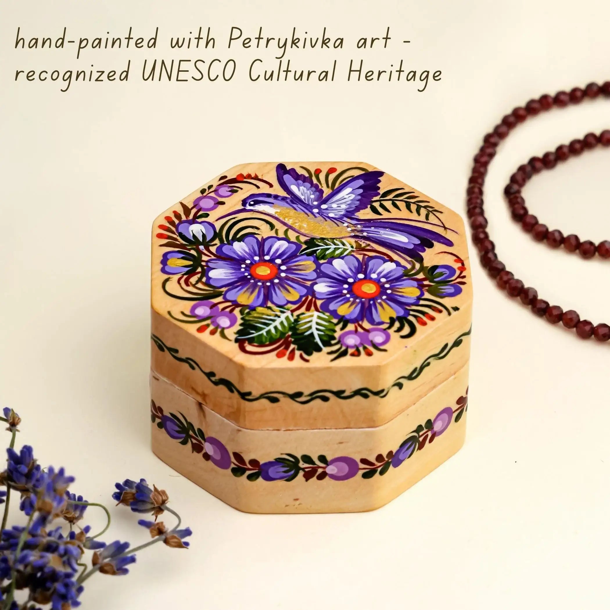 Hand-painted Wooden Hummingbird Box - Red Bird & Flower Octagon Jewelry Box, Ukrainian Petrykivka Art Box with Flocked Interior