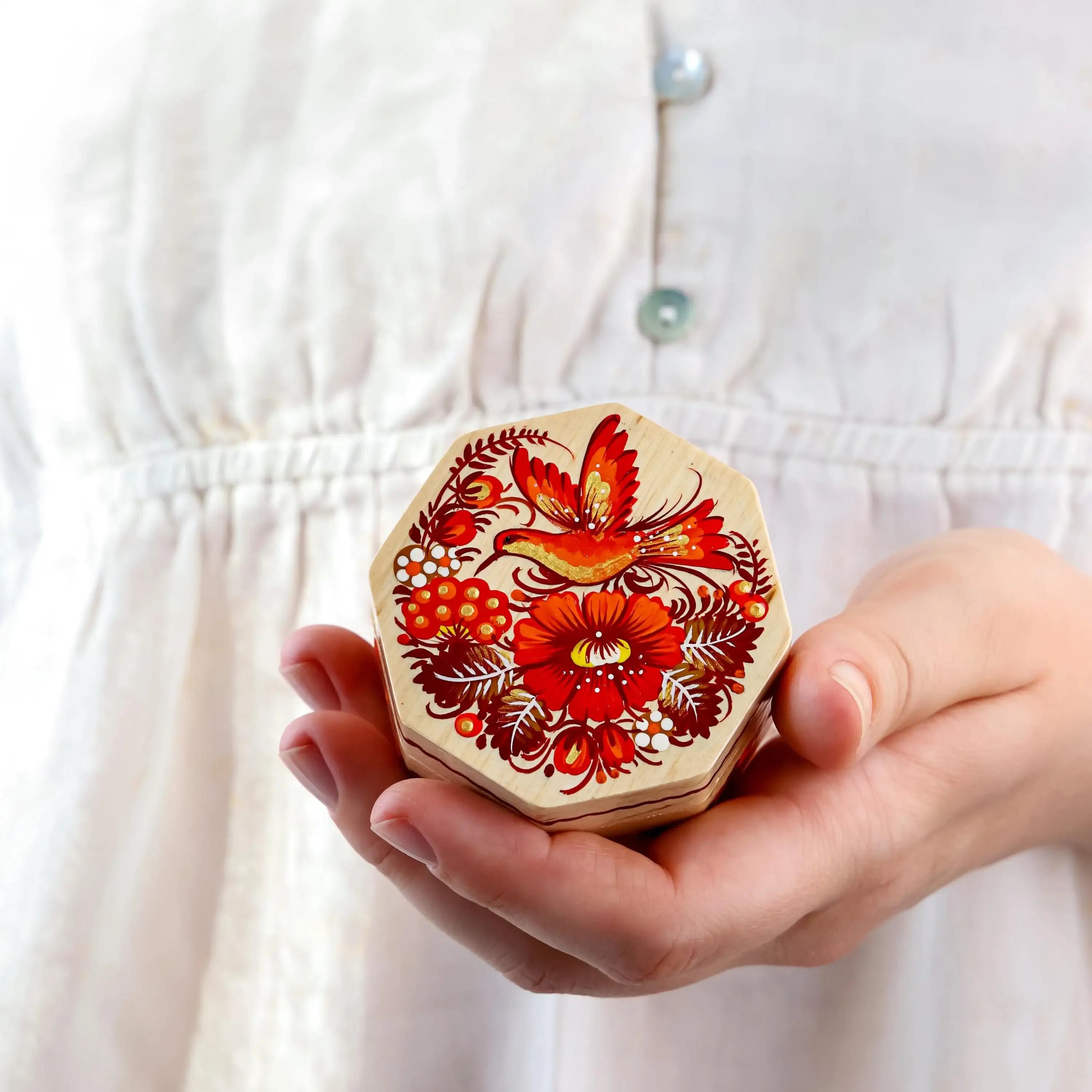 Painted Wooden Hummingbird Box - Handmade Ukrainian Petrykivka Box, Red Flower Octagon Jewelry Box, Small Flocked Interior Keepsake Box