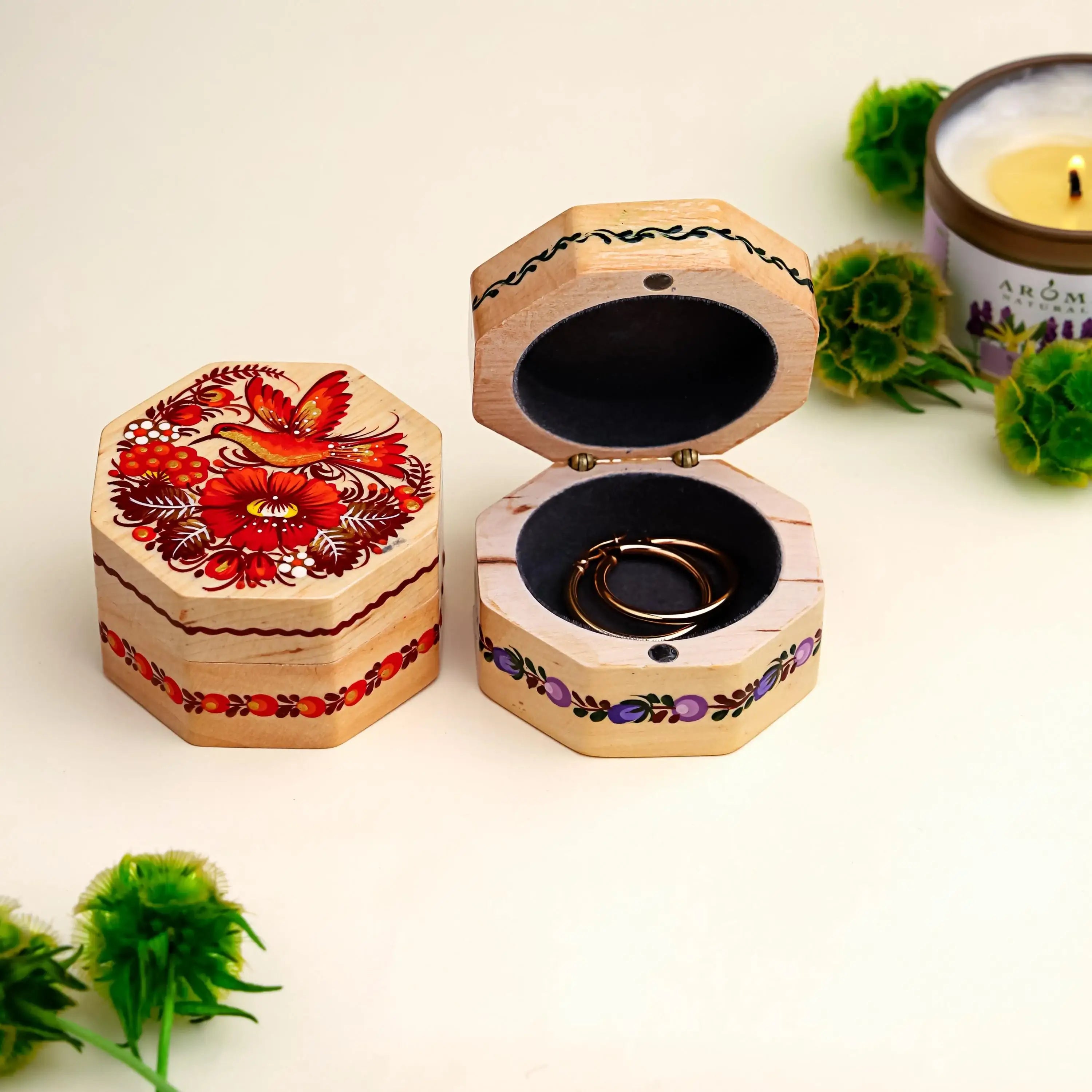 Hand-painted Wooden Hummingbird Box - Red Bird & Flower Octagon Jewelry Box, Ukrainian Petrykivka Art Box with Flocked Interior