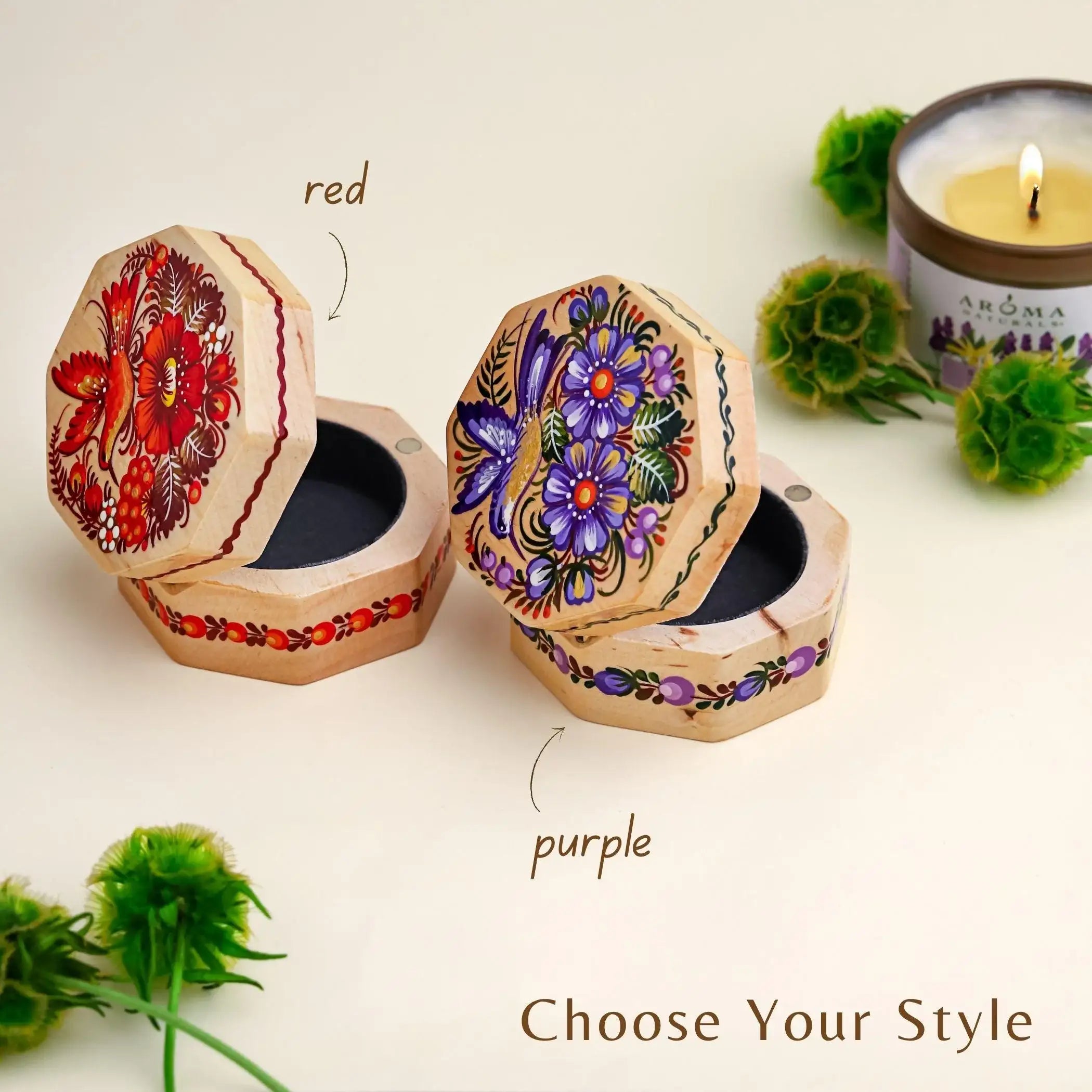 Painted Wooden Hummingbird Jewelry Box - Handmade Ukrainian Petrykivka Box, Purple Flower Octagon Box, Small Flocked Interior Keepsake Box