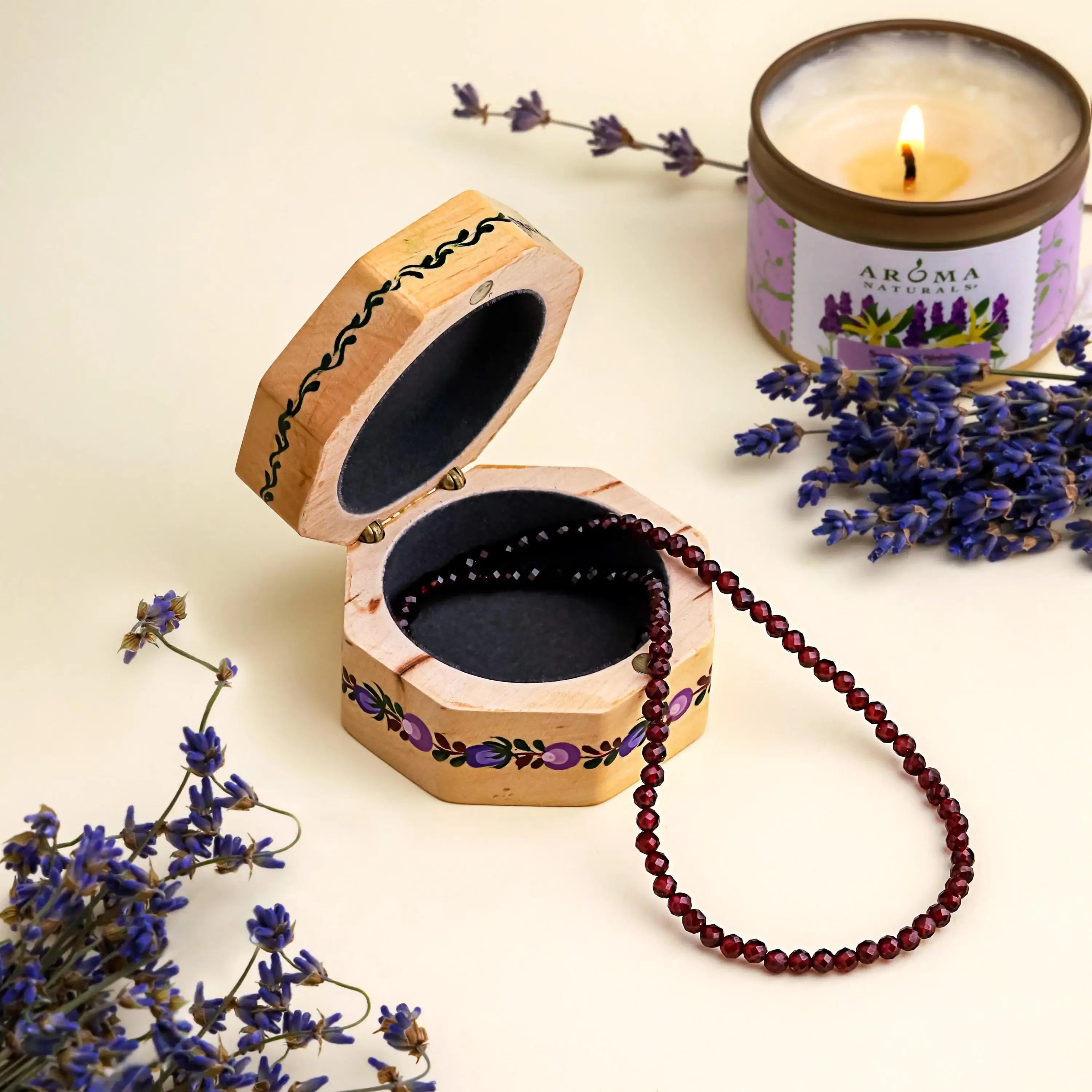 Painted Wooden Hummingbird Jewelry Box - Handmade Ukrainian Petrykivka Box, Purple Flower Octagon Box, Small Flocked Interior Keepsake Box