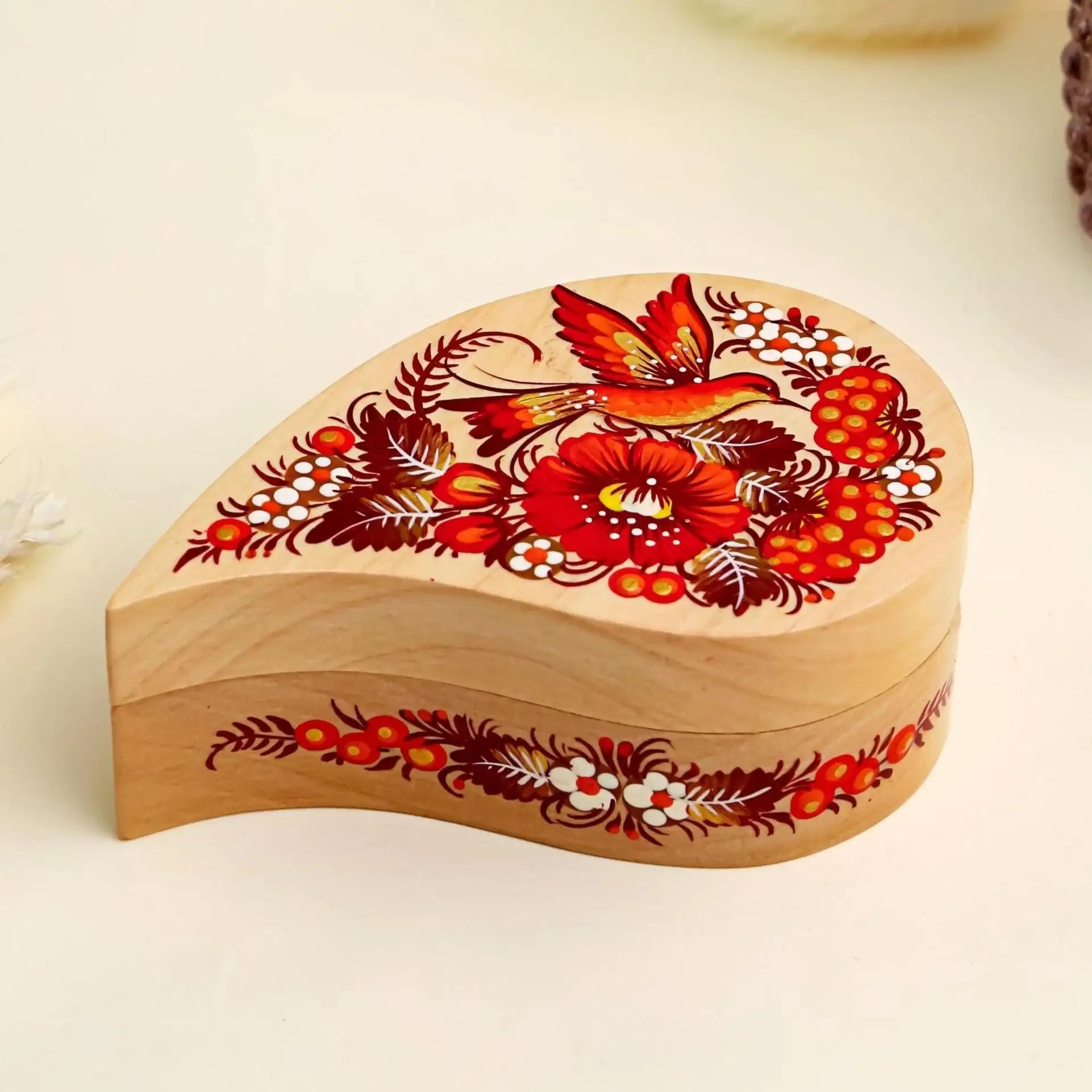 Painted Wooden Hummingbird Jewelry Box - Handmade Ukrainian Petrykivka Box, Flower Bird Curved Drop-shaped Box, Small Flocked Interior Box