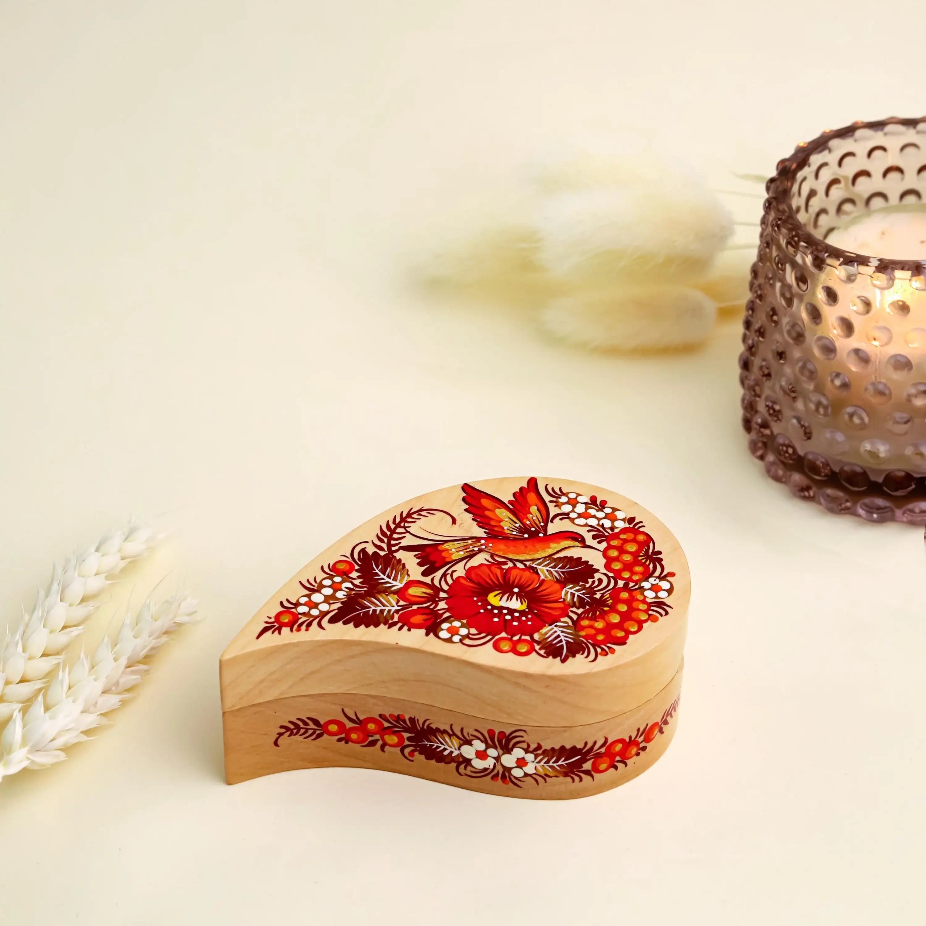 Hand-Painted Wooden Hummingbird Jewelry Box - Handmade Ukrainian Petrykivka Box, Red Flower Leaf-shaped Box, Small Flocked Interior Box