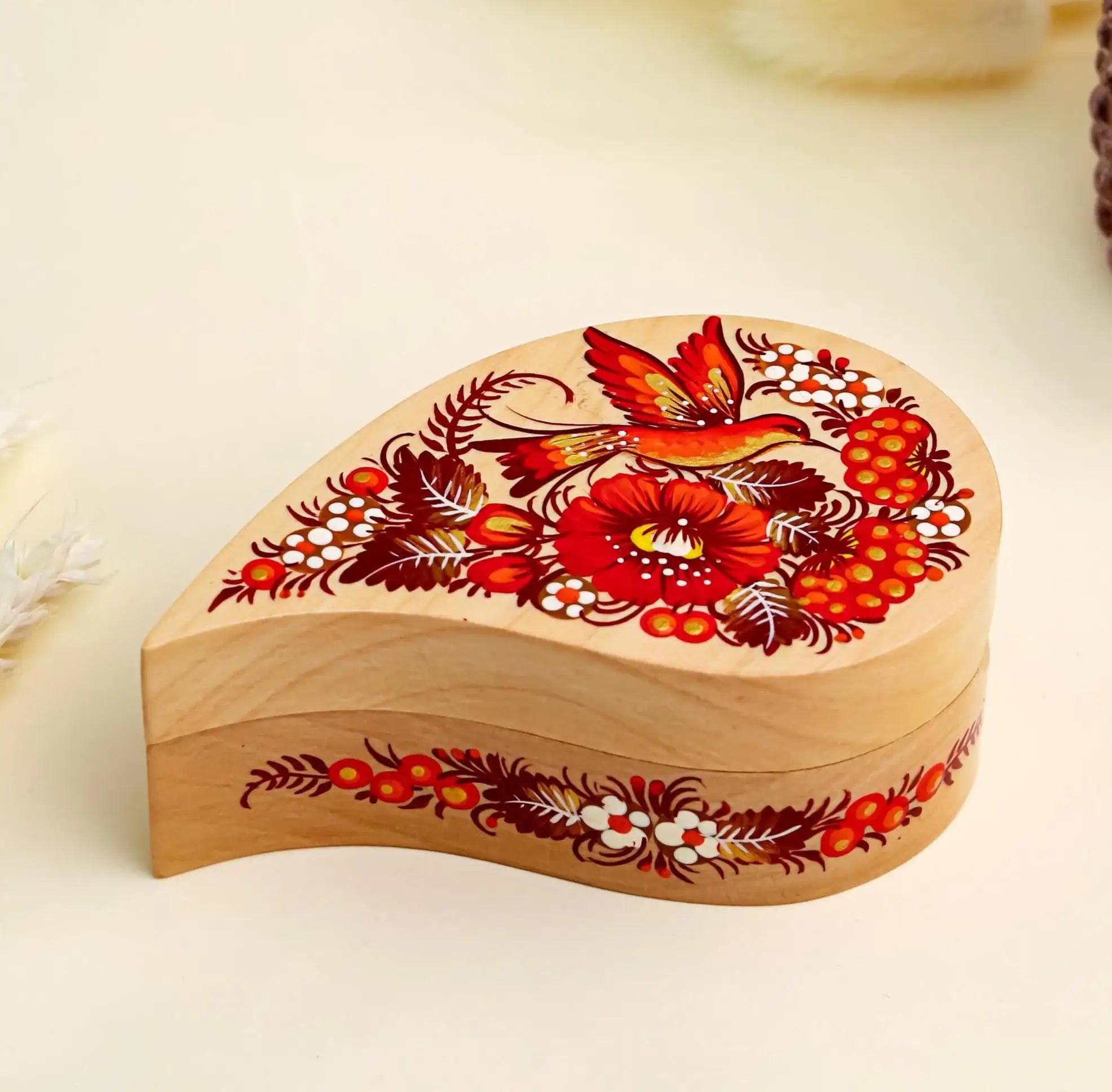 Painted Wooden Hummingbird Jewelry Box - Handmade Ukrainian Petrykivka Box, Purple Flower Leaf-shaped Box, Small Flocked Keepsake Box