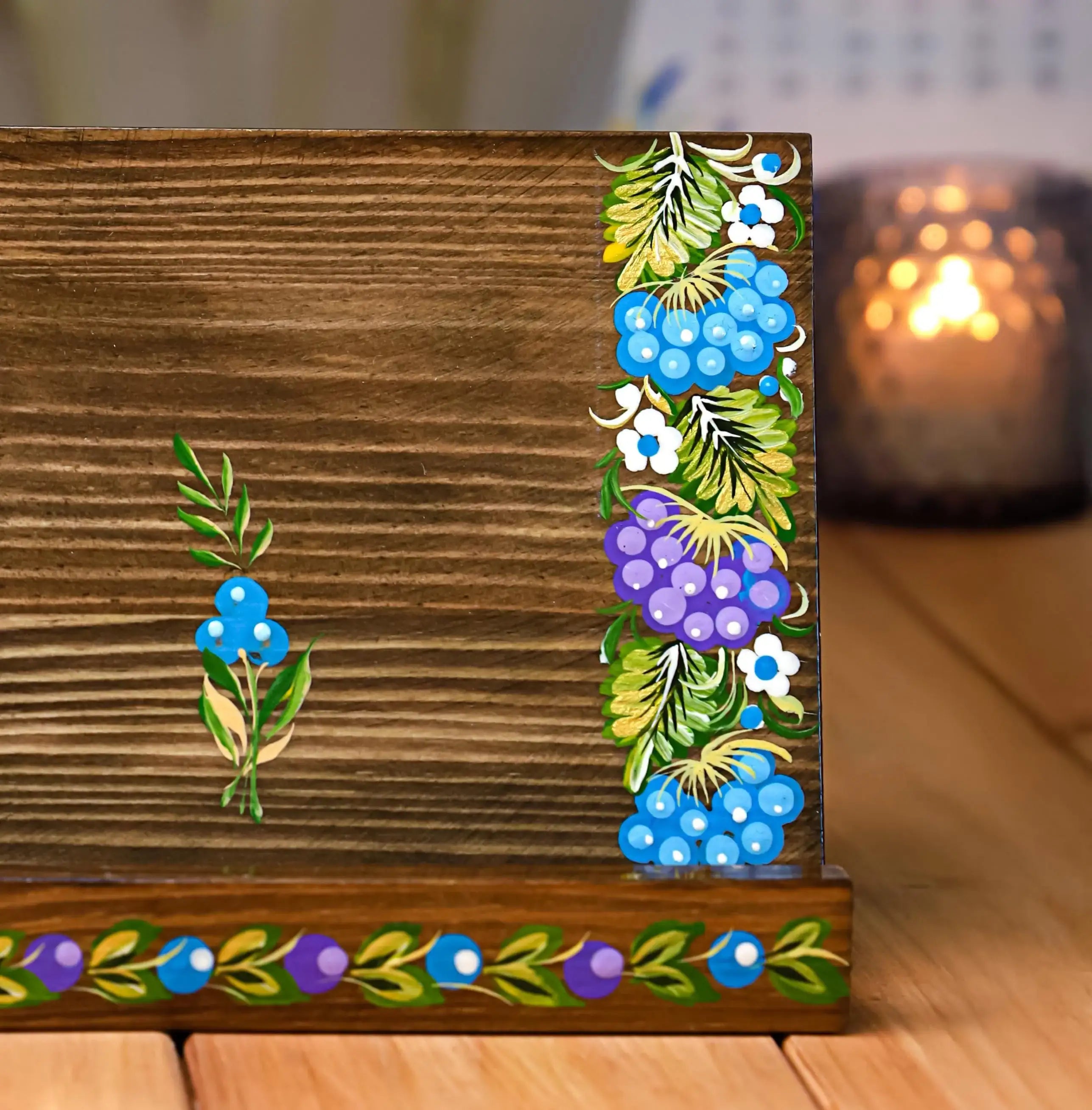 Hand-painted Wooden Phone Stand - Handmade Ukrainian Petrykivka Art Desk Phone Holder, Blue and Purple Flower Desk Decor