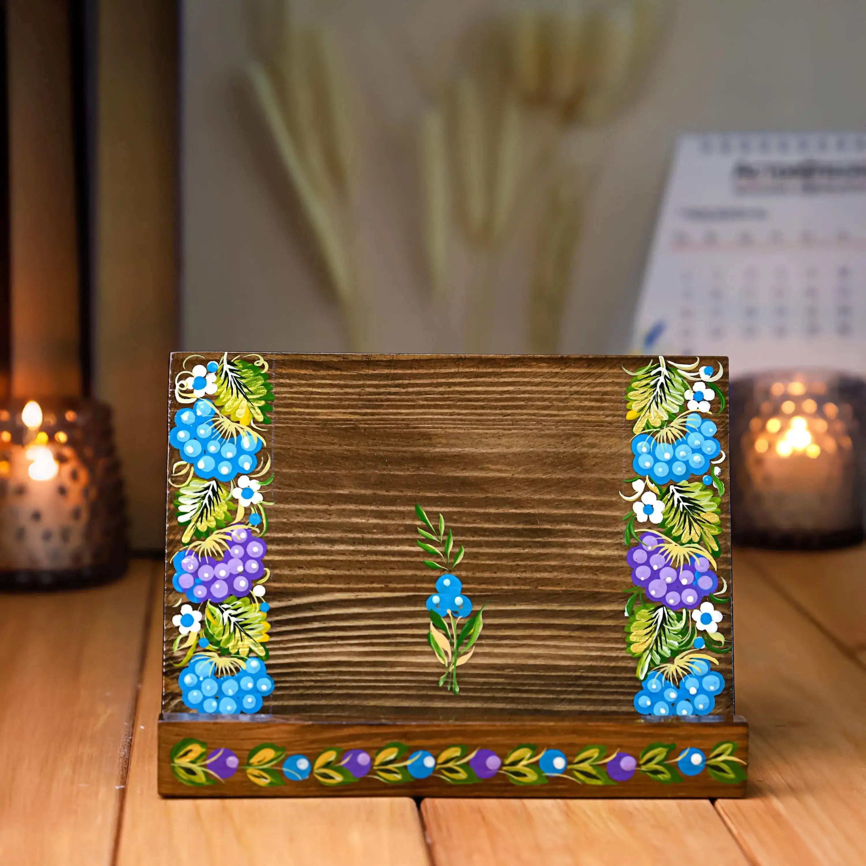 Personalized Wooden Phone Stand - Hand-Painted Ukrainian Petrykivka Art Desk Phone Holder, Yellow & Red Flower Desk Decor