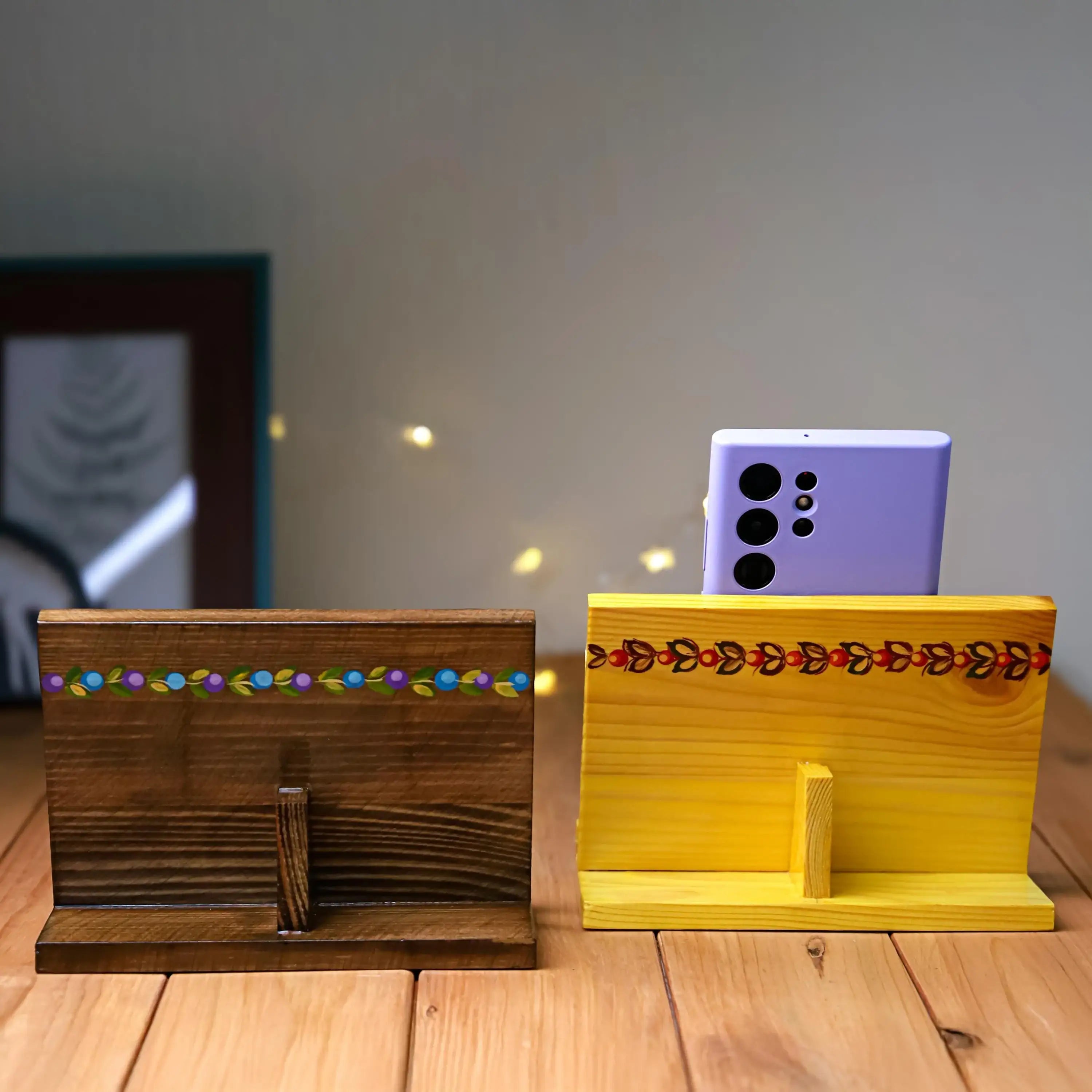 Hand-painted Wooden Phone Stand - Handmade Ukrainian Petrykivka Art Desk Phone Holder, Blue and Purple Flower Desk Decor