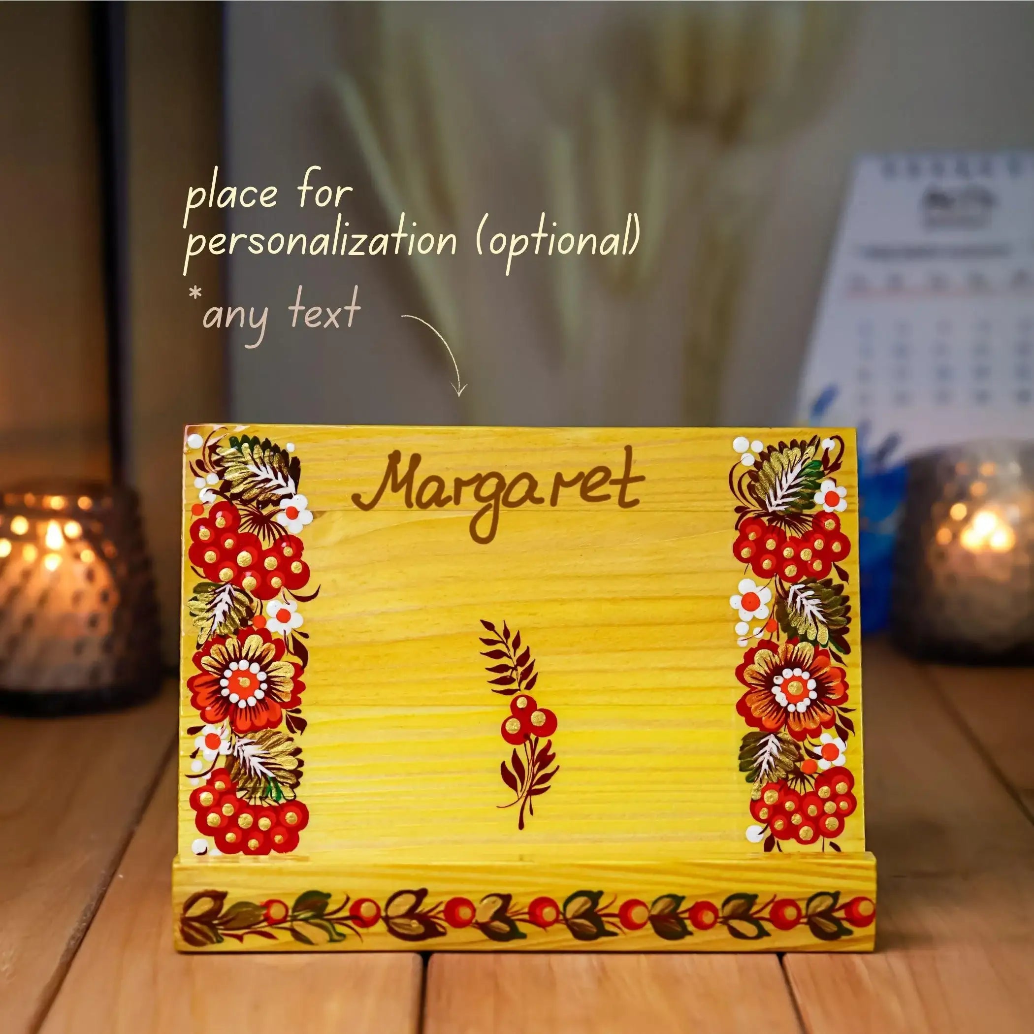 Hand-painted Wooden Phone Stand - Handmade Ukrainian Petrykivka Art Desk Phone Holder, Blue and Purple Flower Desk Decor