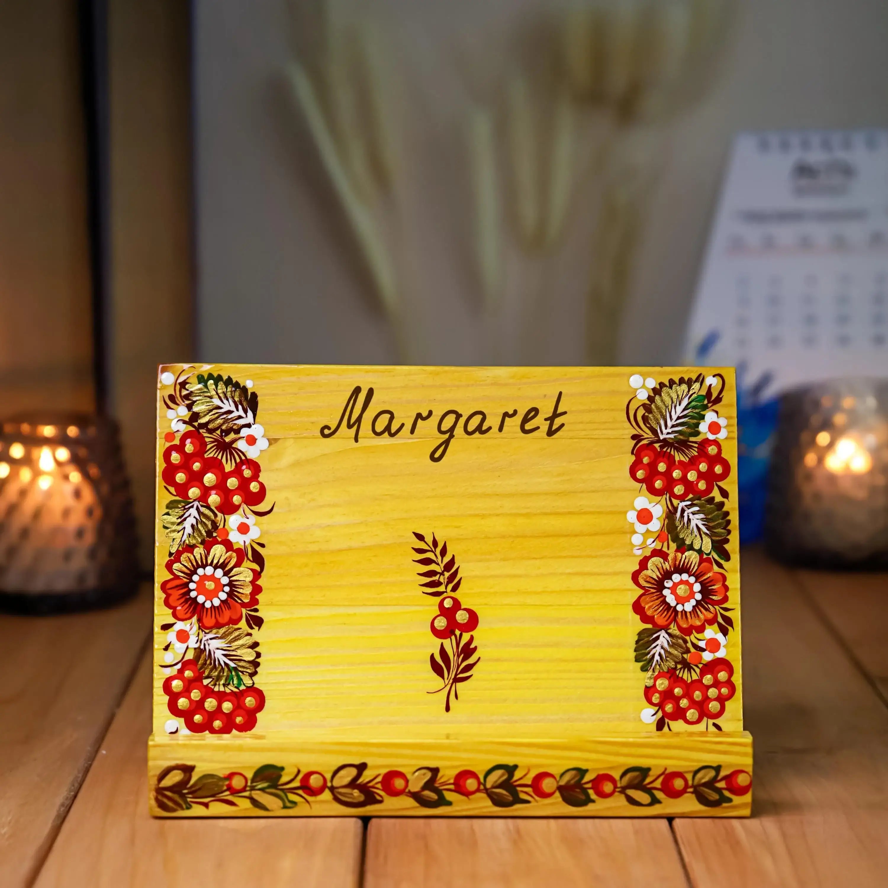 Personalized Wooden Phone Stand - Hand-Painted Ukrainian Petrykivka Art Desk Phone Holder, Yellow & Red Flower Desk Decor