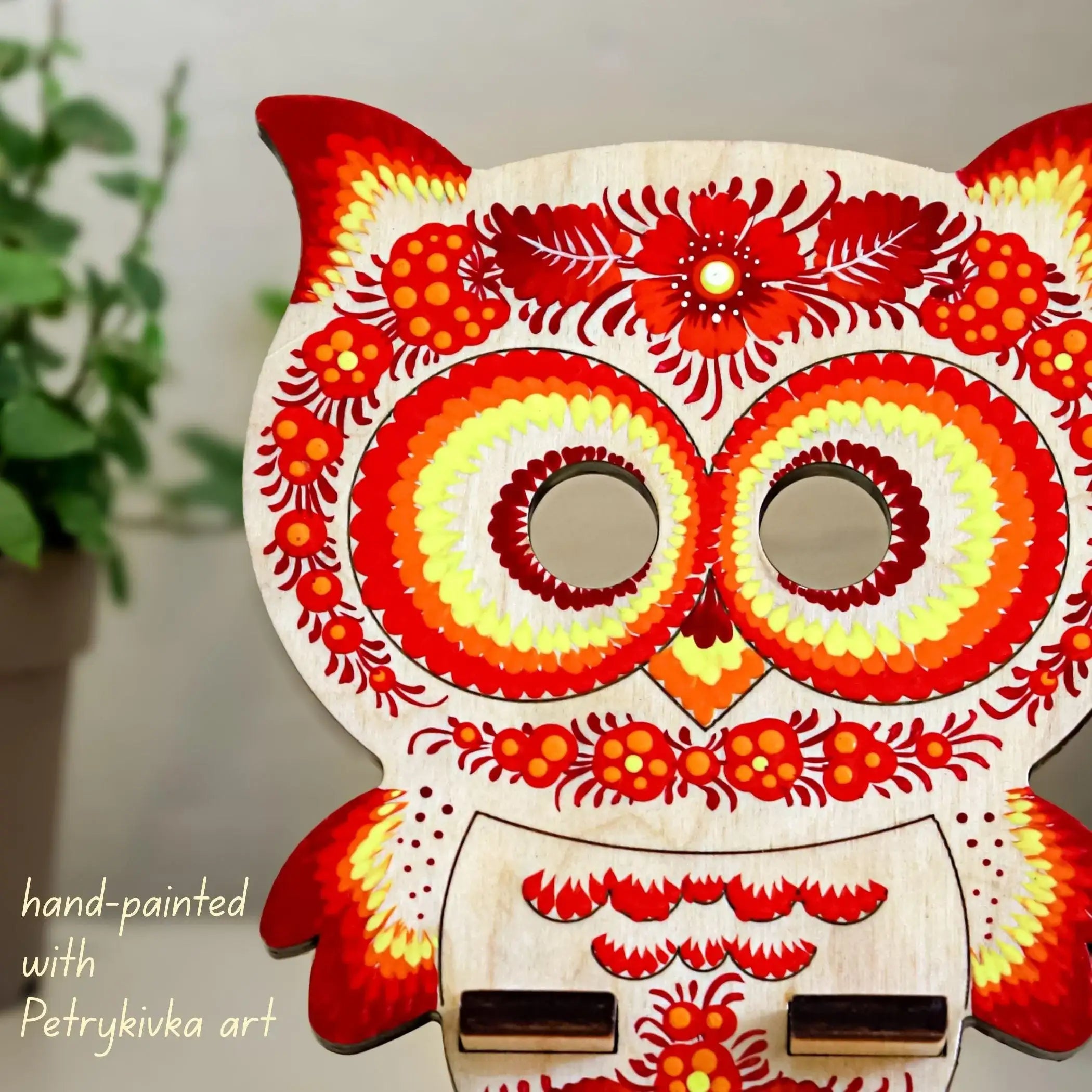 Hand-Painted Wooden Cat Phone Stand - Handmade Ukrainian Petrykivka Art Desk Phone Holder, Cute Desk Decor