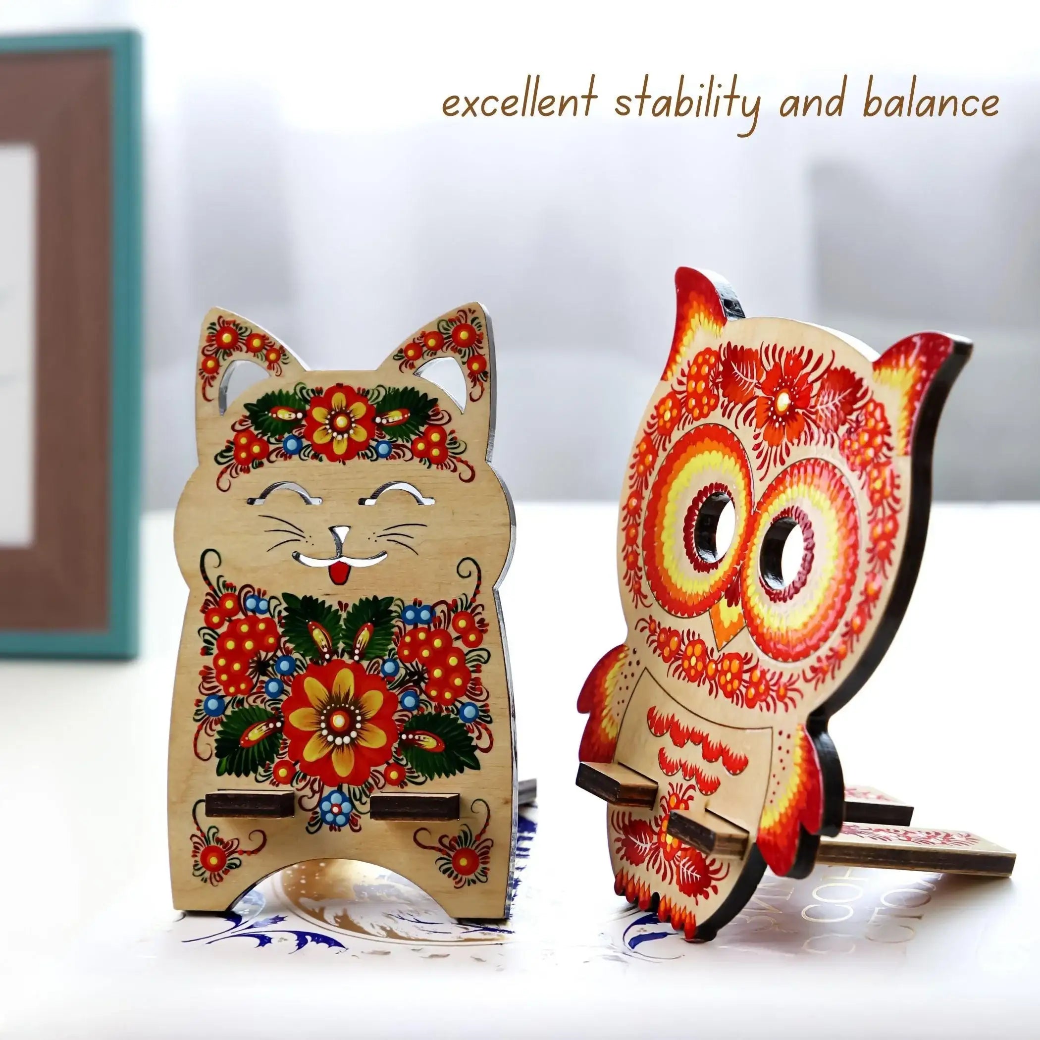 Hand-Painted Owl Phone Stand - Ukrainian Petrykivka Art, Wooden Desk Phone Holder, Cute Animal Desk Decor, Gift for Her