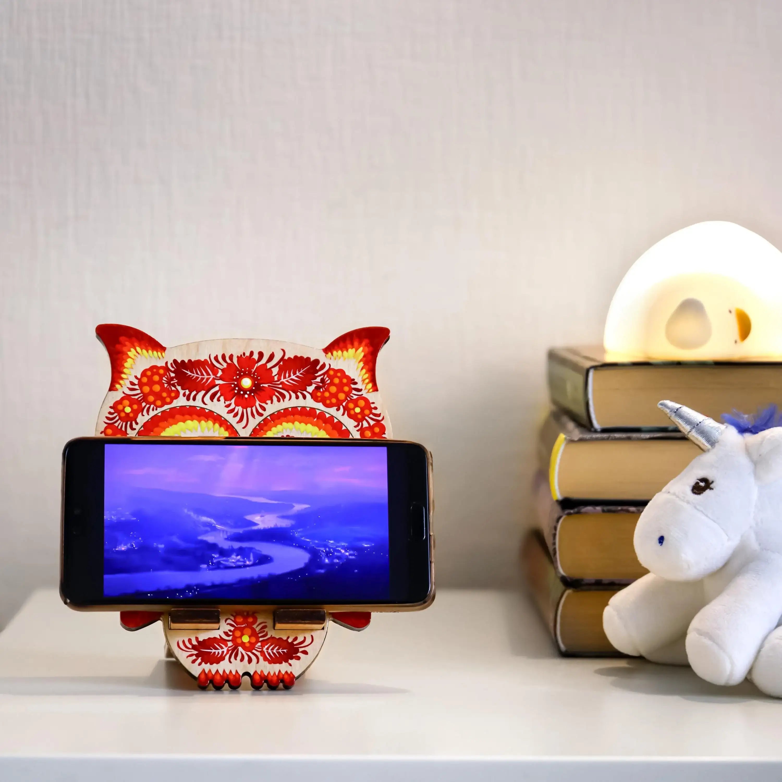 Hand-Painted Owl Phone Stand - Ukrainian Petrykivka Art, Wooden Desk Phone Holder, Cute Animal Desk Decor, Gift for Her