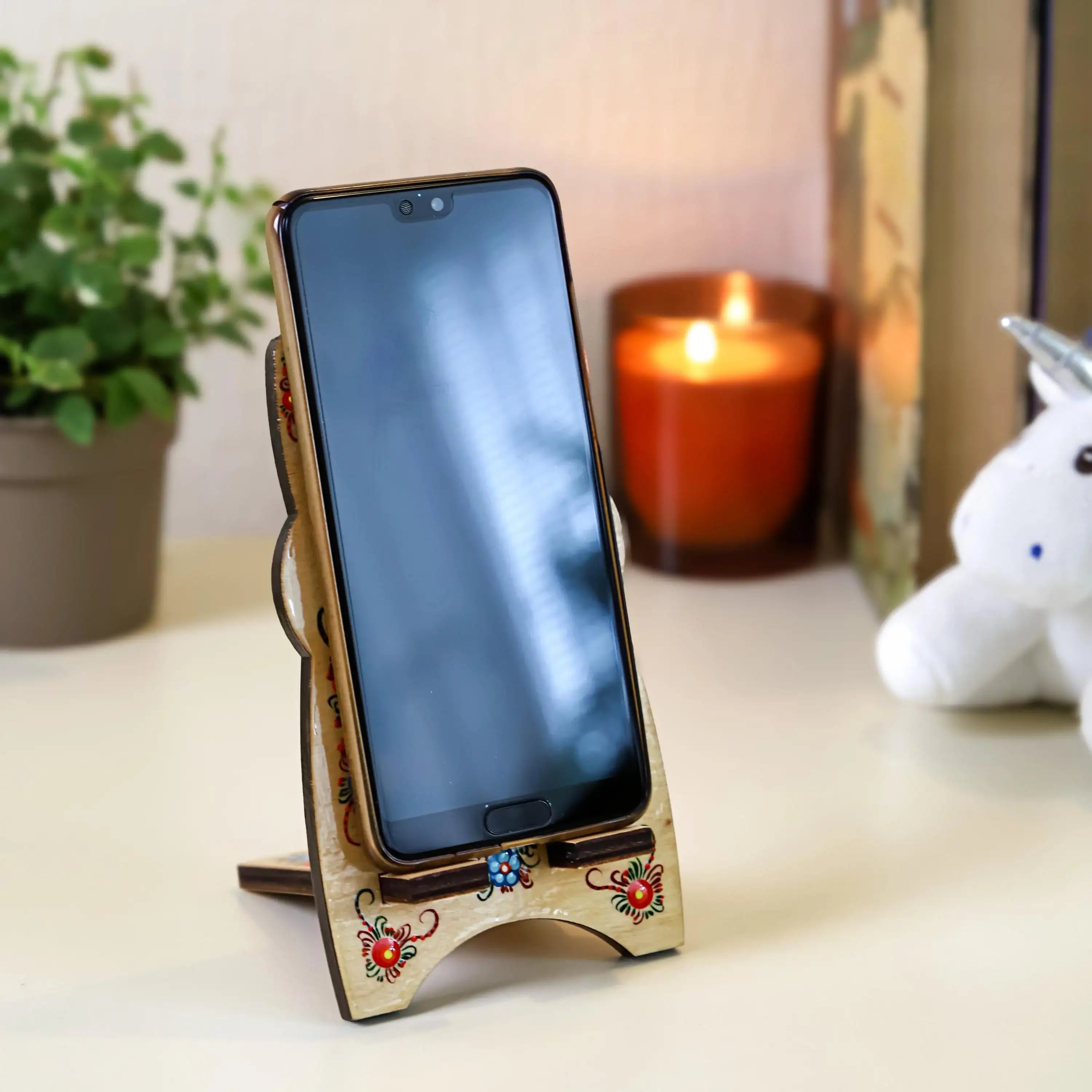 Hand-Painted Owl Phone Stand - Ukrainian Petrykivka Art, Wooden Desk Phone Holder, Cute Animal Desk Decor, Gift for Her